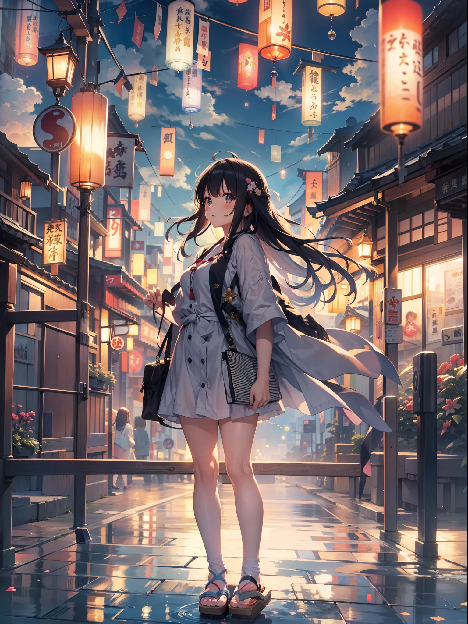 Top image quality　Original Characters、City Girl、summer clothing、Long Black Hair、A city made up of Japan glass wind chimes、Huge entrance cloud、Evening glow