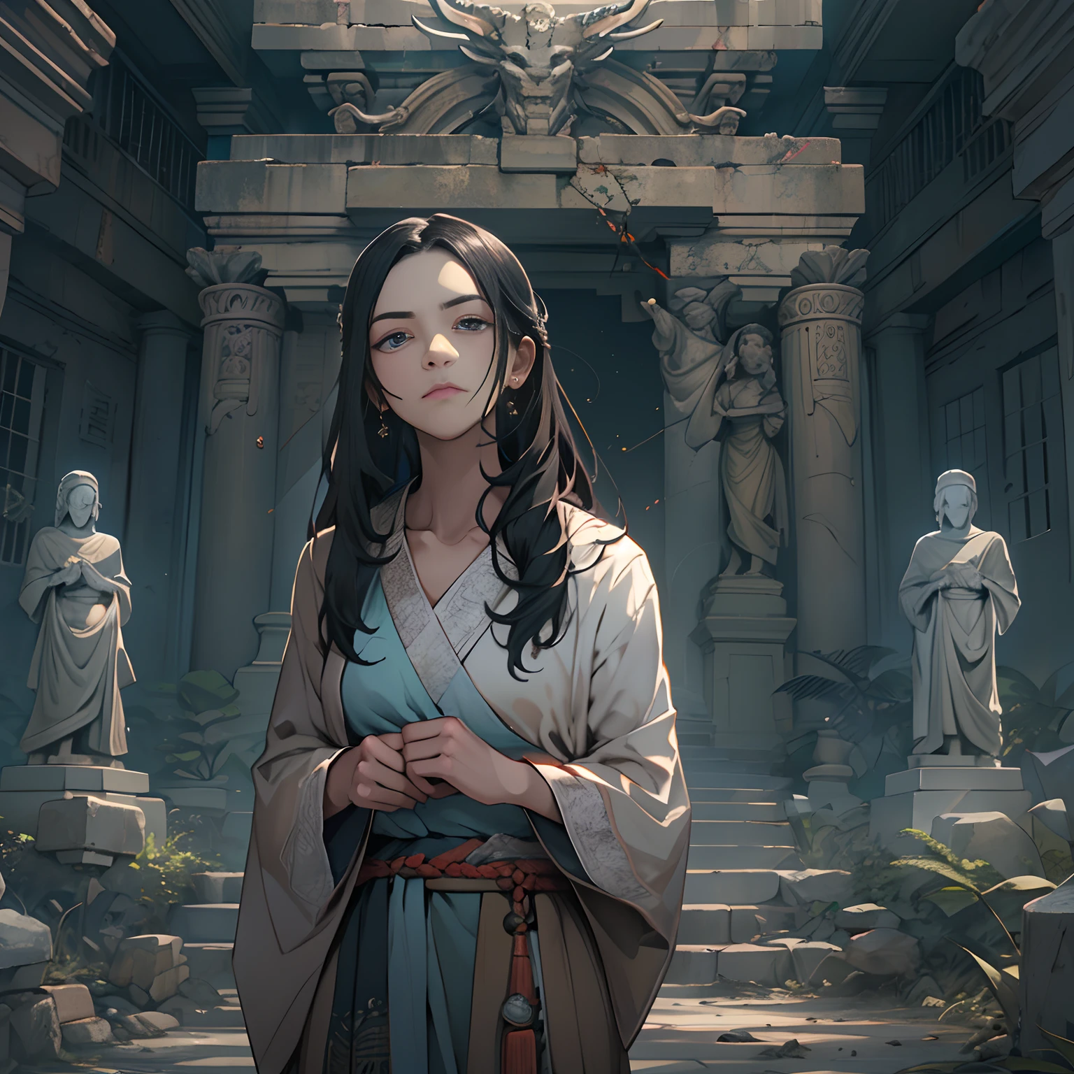 A young woman standing in front of a mysterious abandoned temple, with a slight frown on his brow, gazing at a familiar-looking stone statue. The statue seems to possess some ancient power. The atmosphere around the abandoned temple is filled with mystery, evoking a sense of the unknown and exploration. ,in the style of the stars art group xing xing, 32k, best quality, masterpiece, super detail, high details