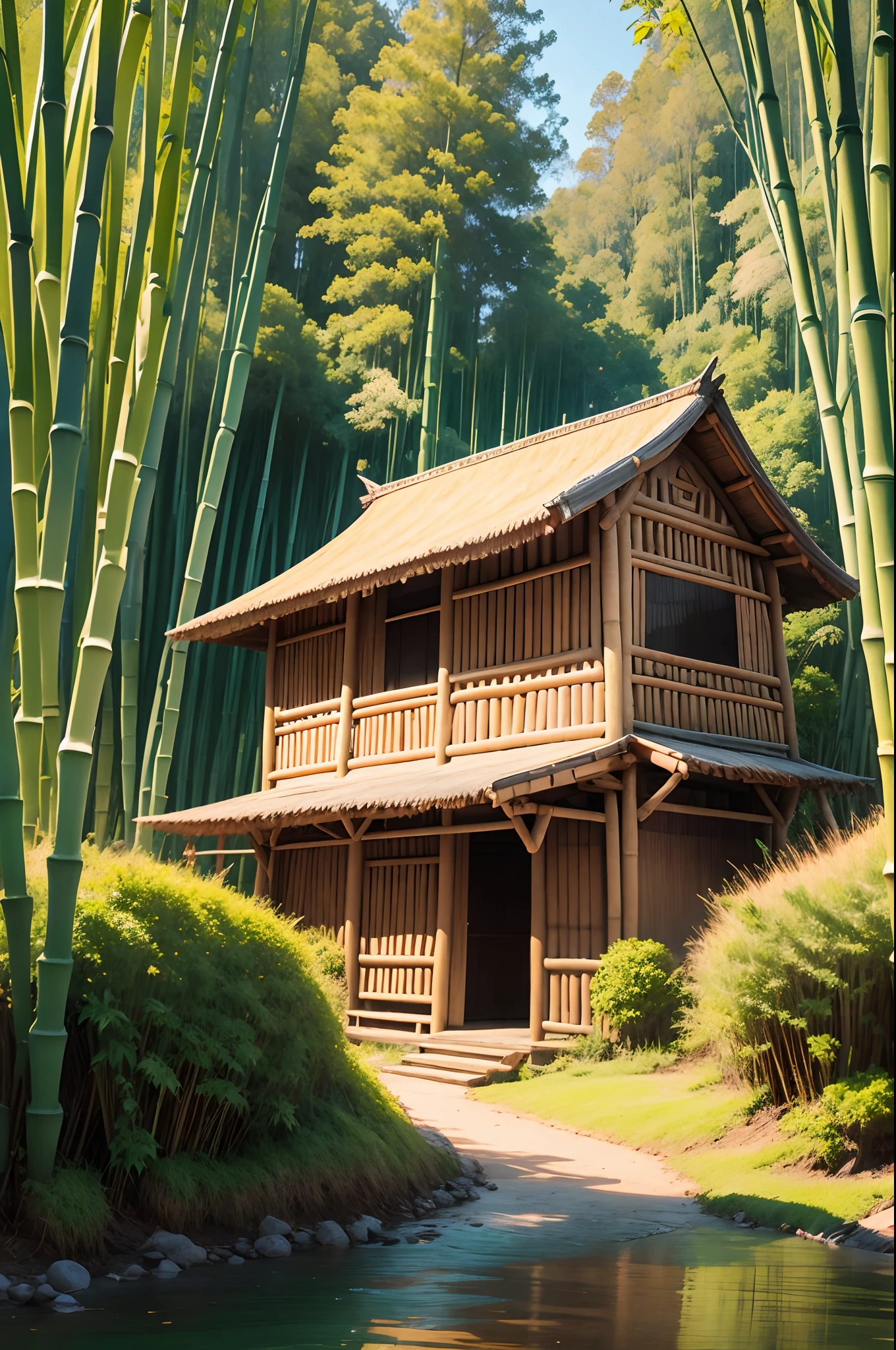 Realisticstyle,bamboo huts,bamboo forrest --auto
