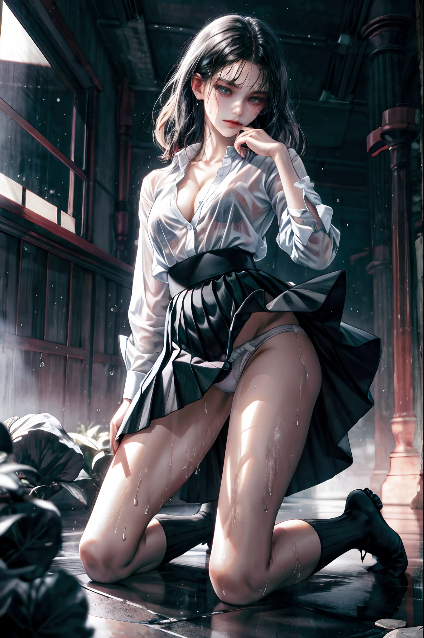 Masterpiece, Top Quality, High Definition, Hi-Res, One Girl, Solo, Angle from Below, Skirt, Shirt, Sheer Shirt, Unbuttoned, Unbuttoned, Fluffy, Cleavage,Protruding , Hard , Pleated Skirt, Socks, Black Skirt, Long Sleeves, Bangs, Black Socks, Dress Shirt, Troubled Look,Blushing, Sweaty, Drenched, Sheer See-through, Sheer Clothing, Skirt fluttering in the wind, Lift up skirt, Crotch line, Hip line, White underwear, Panty shot, Beautiful leg line, Water droplets running down your legs, Drenched lower body, Wet waist area, Excessive crotch droplets, Body parts three-dimensionality, Exposed undergarment, Realistic skin texture, Focused on feet, Kneeling, Kneeling spread, Bright room, Finger shift panty position, Lighting from below, bitten panties