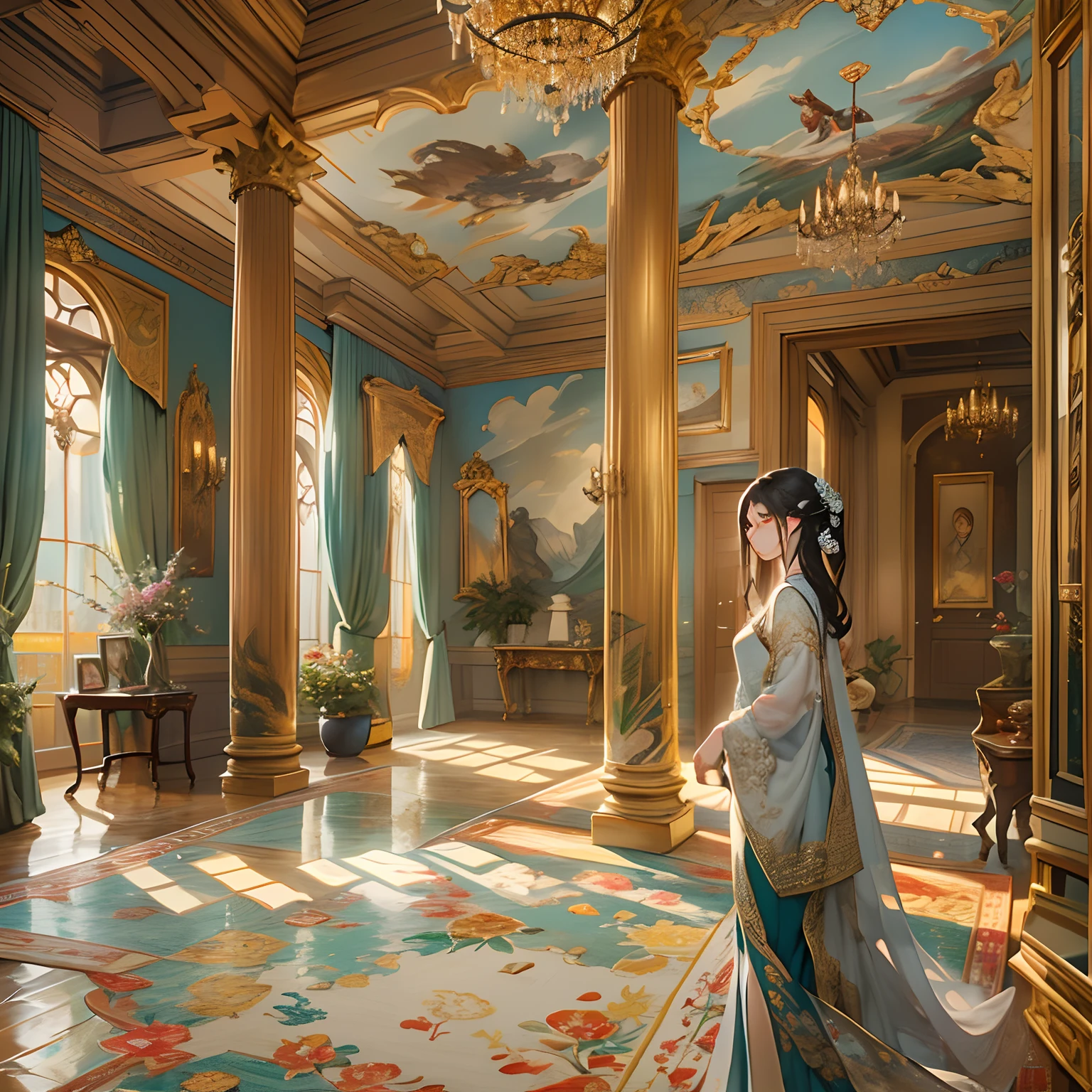 young woman walks into the main hall of a mansion, with luxurious wall paintings hanging on the walls and a plush carpet on the floor. ,n the style of the stars art group xing xing, 32k, best quality, masterpiece, super detail, high details ,