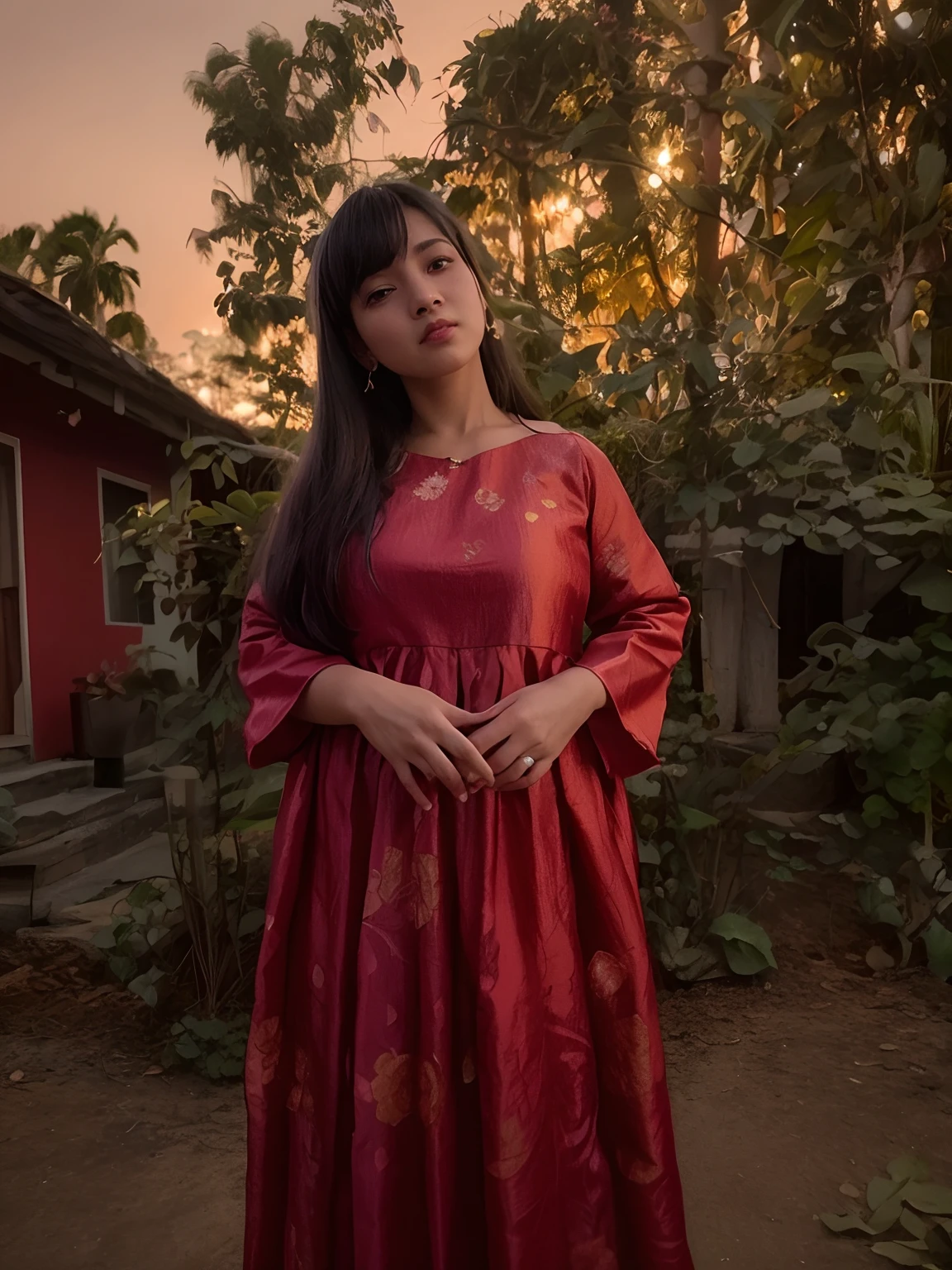 there is a woman standing in a red dress in a yard, very very low quality picture, idian dress, assamese aesthetic, wearing bihu dress mekhela sador, wearing pink floral gown, around 1 9 years old, with lovely look, wearing dress, portait image, wearing a silk kurta, very beautiful enga style, wearing a kurta