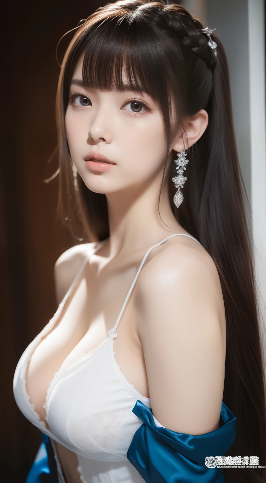 perfect figure beautiful woman：1.4，Layered Hair Style，Protruding cleavage，random costume：1.5，Highly Detailed Face and Skin Textur，二重まぶた，Whiten the skin，long whitr hair