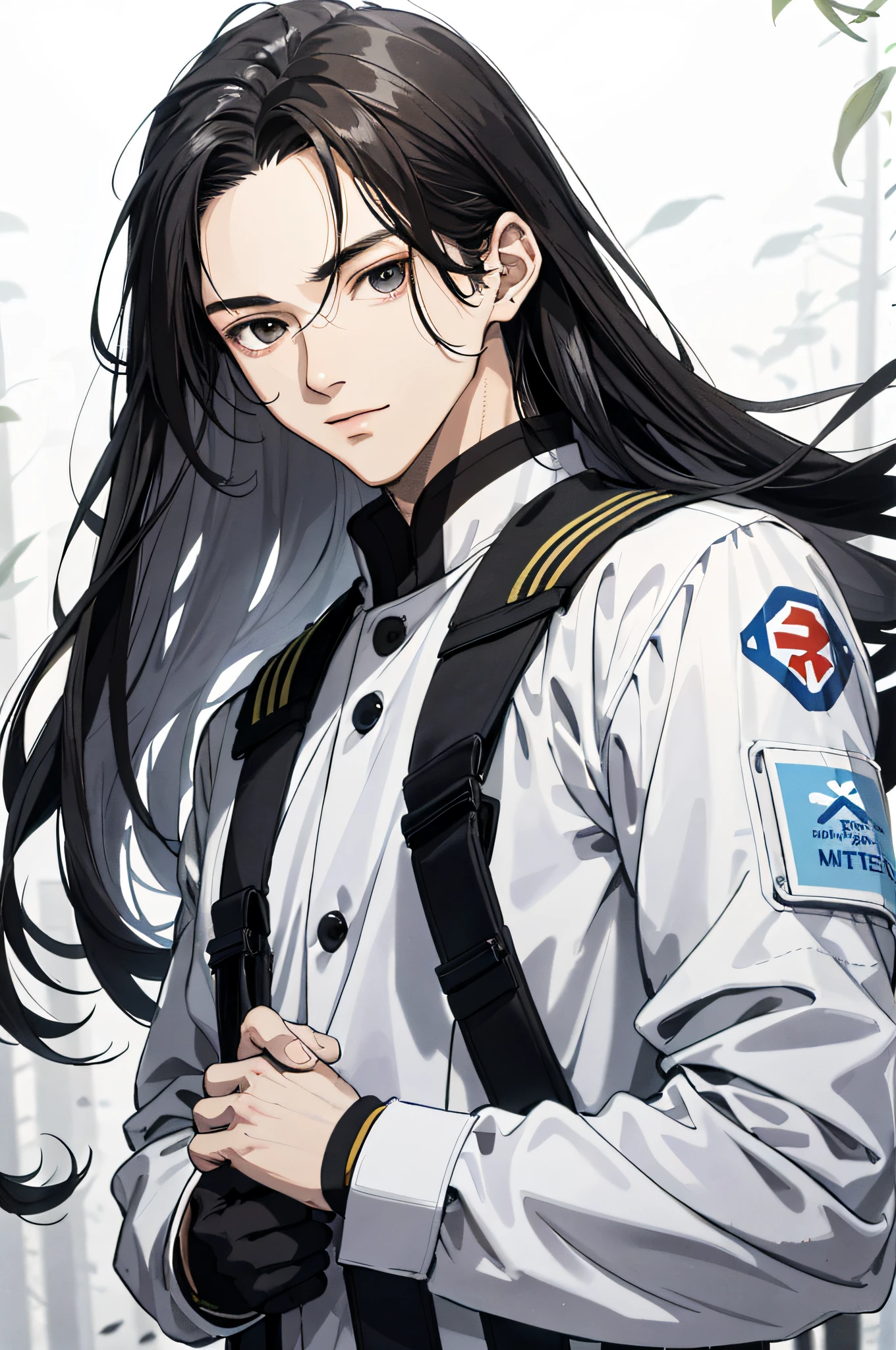 Absurd, High definition, Super detailed, Texture details, clear presentation, HD details, detail performance, Fine details, Clear face, Fix accurately, ((cabelos preto e longos))、long whitr hair、18-year-old man, Handsome, Tall,Soft smile、Slightly muscular,(Clear eyeballs), (1 person: 1.3), handpainted, Simple lines, (An 18-year-old man wearing a white Chinese suit), foggy forest、The upper part of the body,Exocet suit