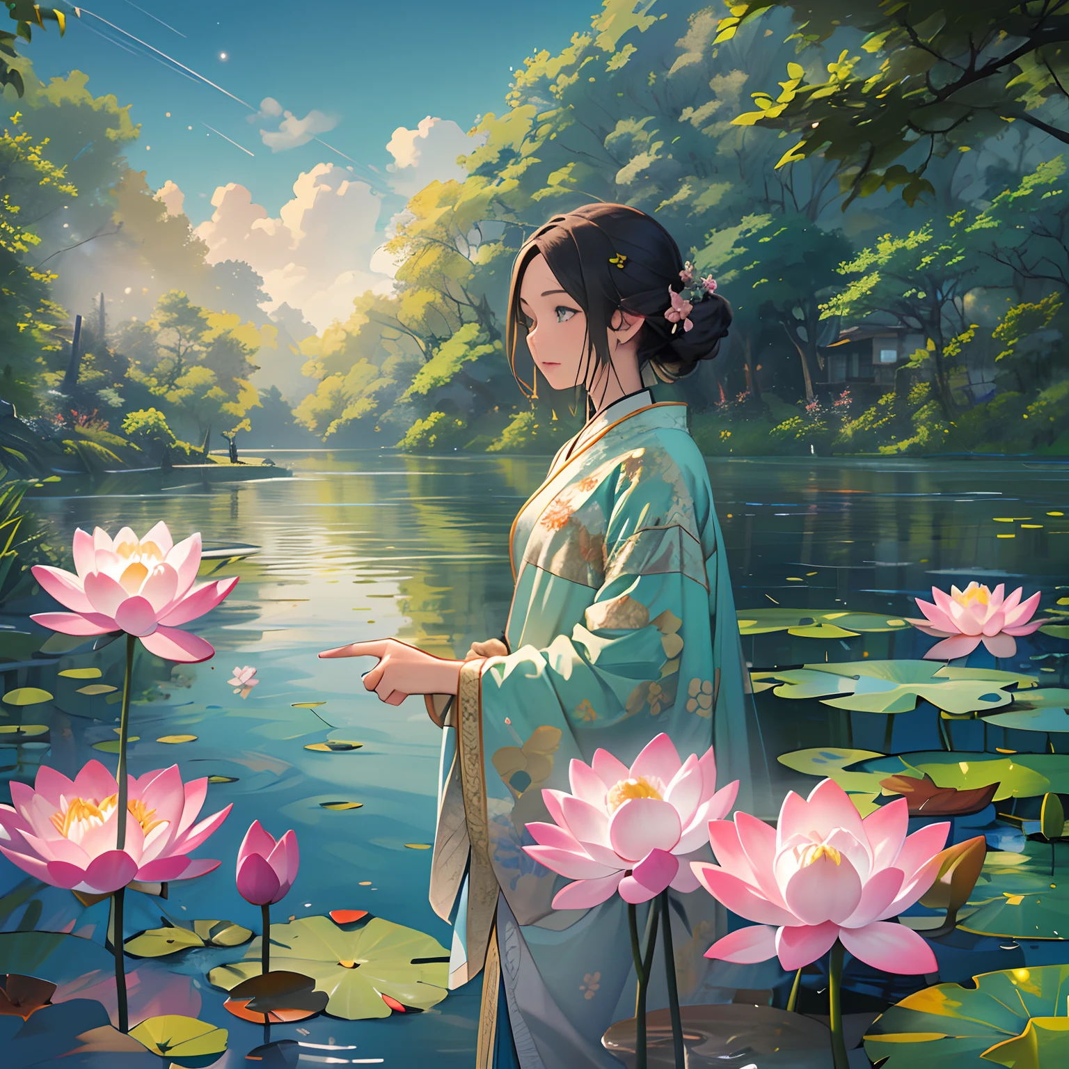 A young girl standing by the lake, pointing to the blooming lotus flowers on the surface. Her eyes widen in surprise. The lake is crystal clear, surrounded by lush trees and bathed in beautiful sunlight, ,in the style of the stars art group xing xing, 32k, best quality, masterpiece, super detail, high details ,
