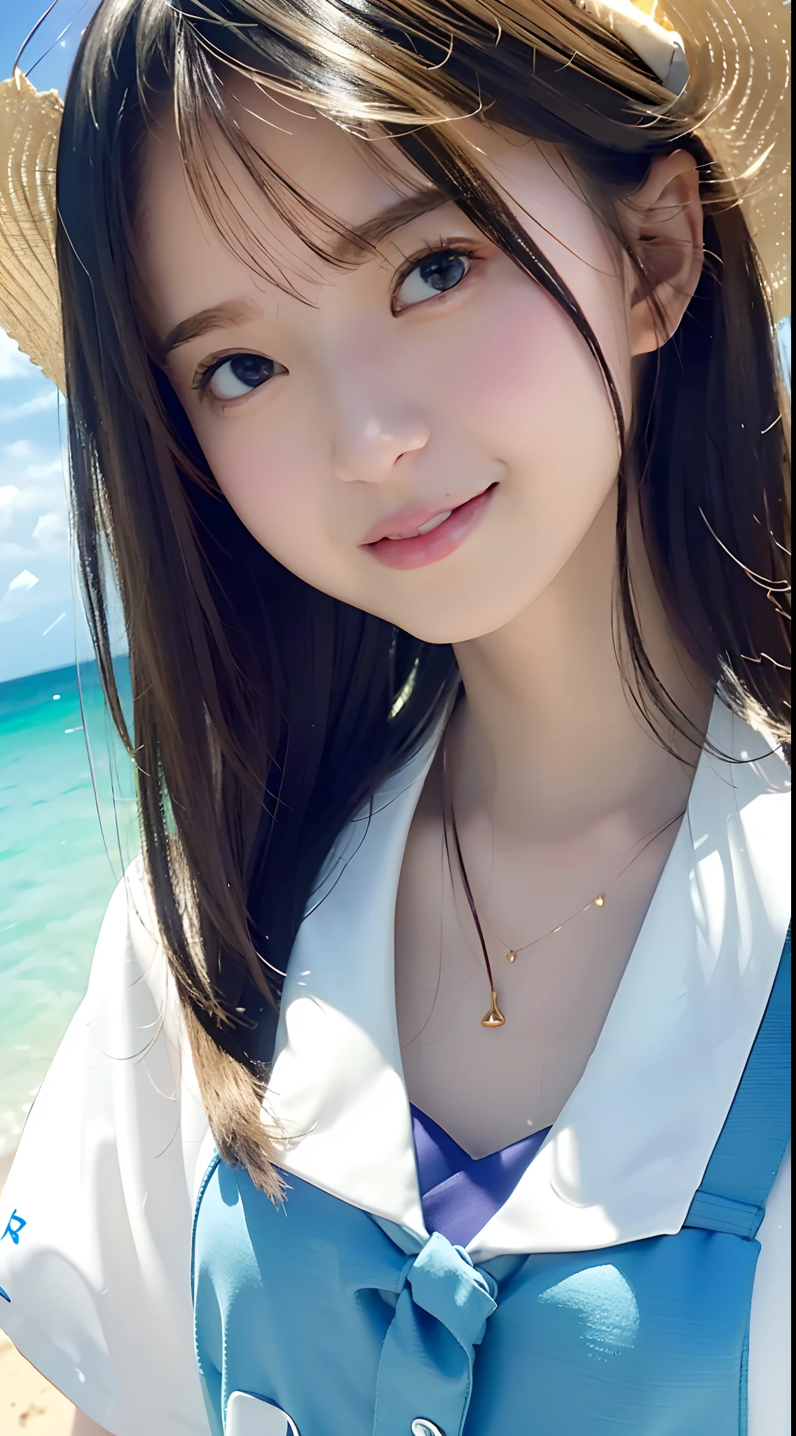 (top-quality、8k、32k、masuter piece、UHD:1.2)、Photo of a cute Japanese woman、女の子 1 人、(huge tit)、(Tall lady)、(abdominals)、(s lips)、a closed mouth、(Medium short golden hair)、二重まぶた、wetted skin、T back、Realistic rays、the beach、a 25yo woman、a smile、The viewer is the viewer's gaze