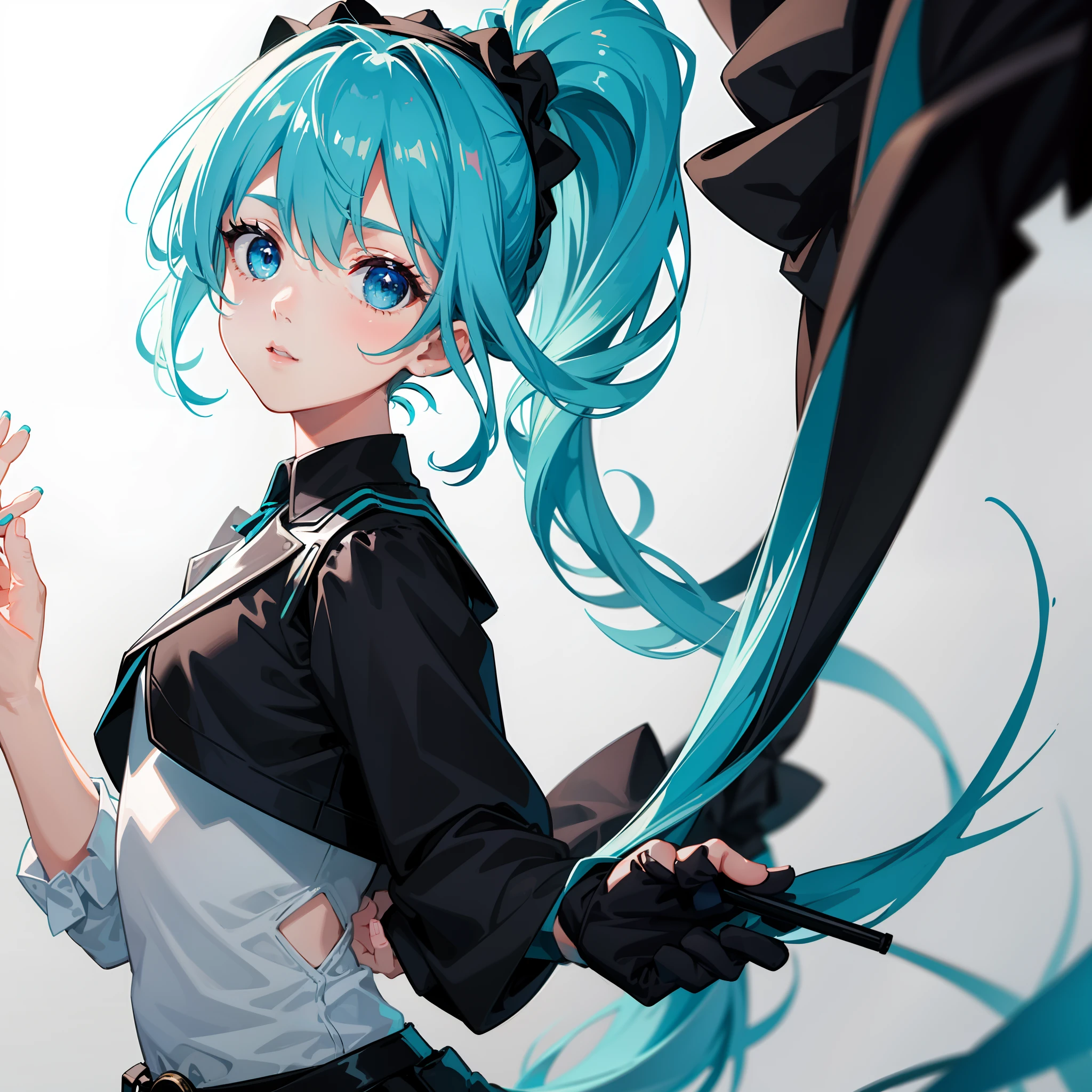 Masterpiece, Best quality, A high resolution, A girl wears a long ponytail，cyanhair，There are headbands，cyan eyes，Wearing a black vest，White coat，black short skirt