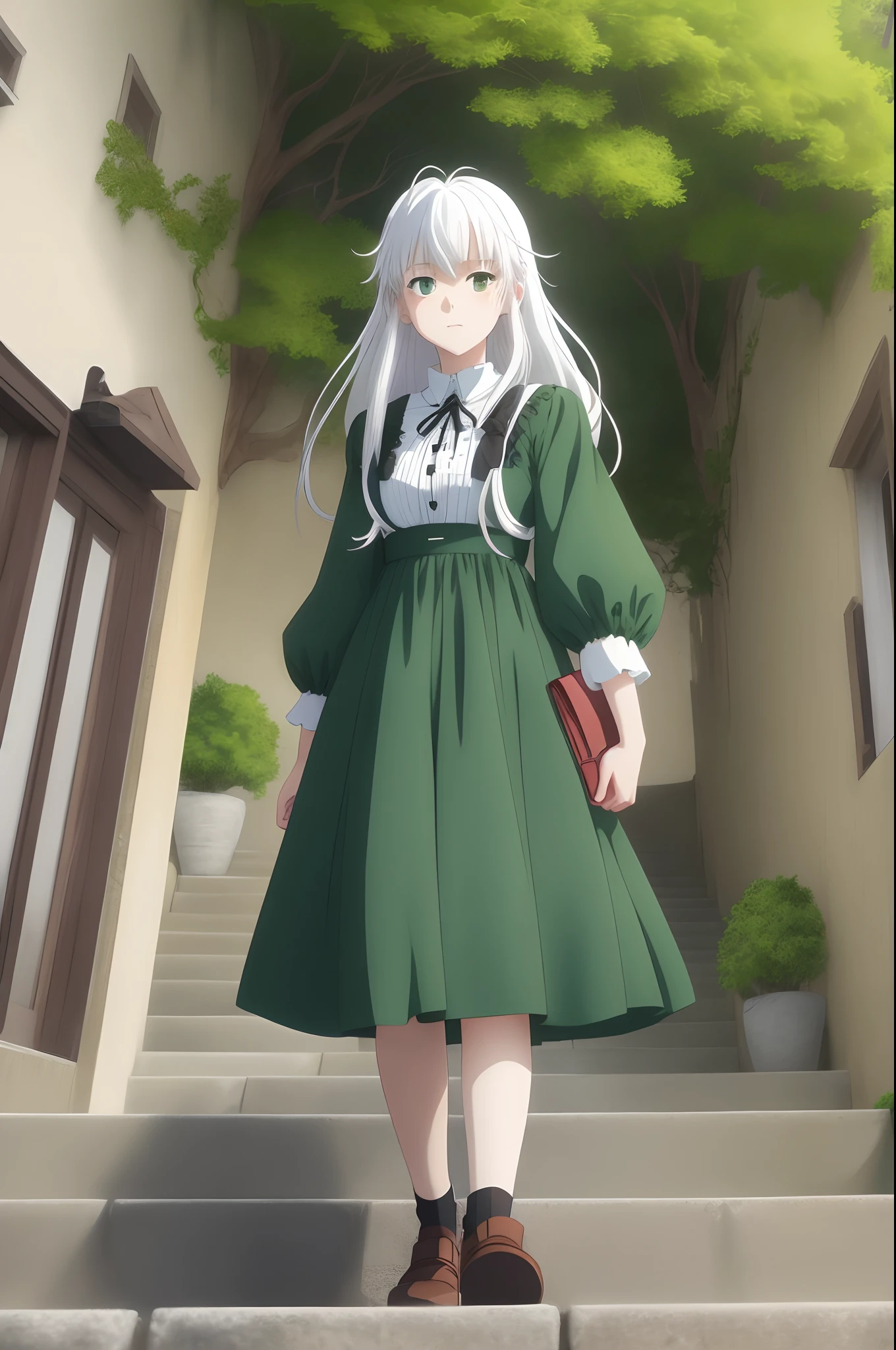 Playful white-haired shoujo anime is highly detailed，Background green environment，The characters are complex and intricate