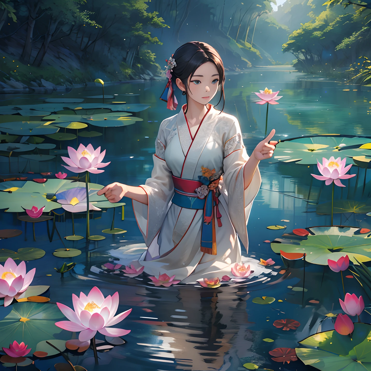 A young girl standing by the lake, pointing to the blooming lotus flowers on the surface. Her eyes widen in surprise. The lake is crystal clear, surrounded by lush trees and bathed in beautiful sunlight, ,in the style of the stars art group xing xing, 32k, best quality, masterpiece, super detail, high details ,