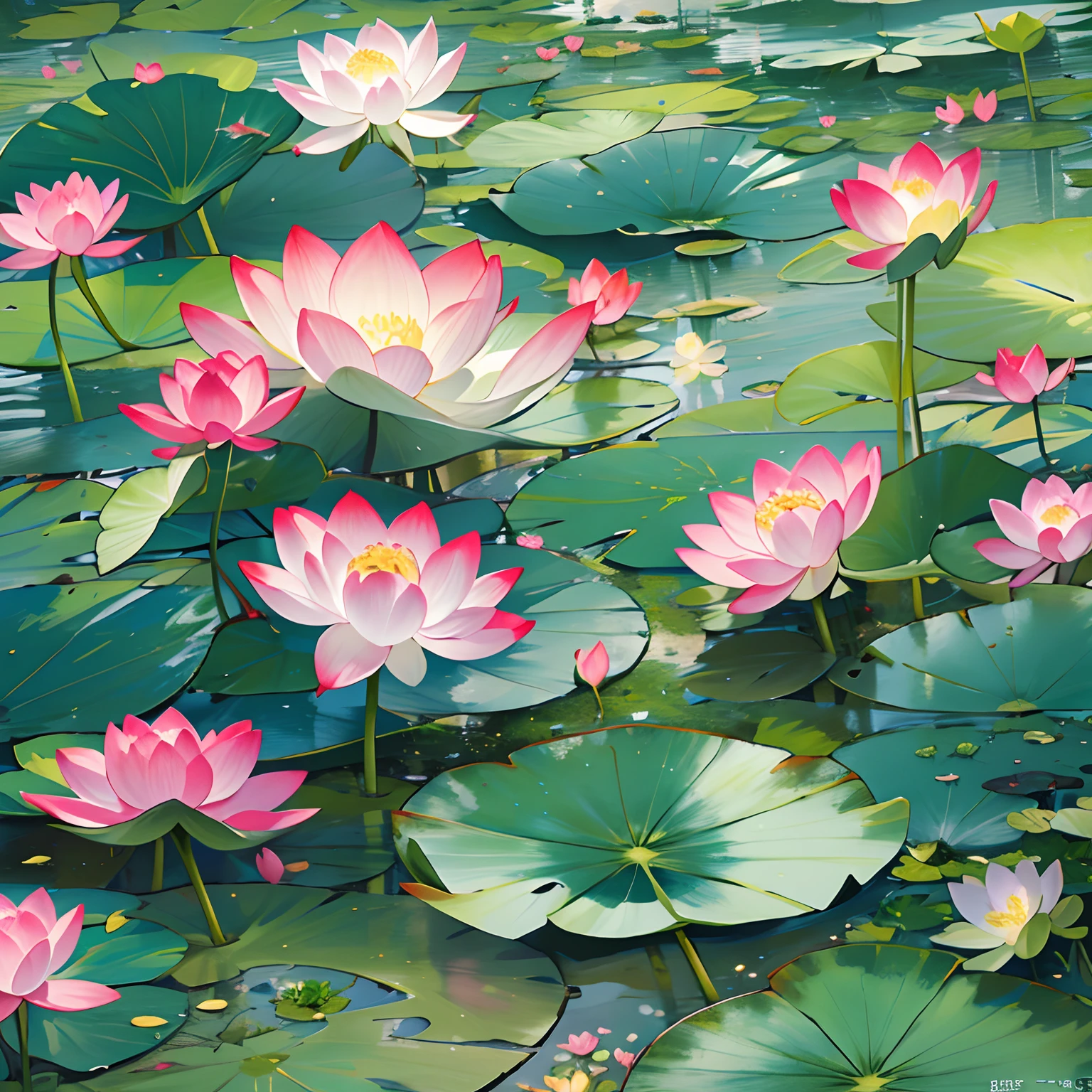 Countless lotus flowers blooming on a vast lake, with vibrant green leaves and colorful blossoms swaying in the gentle breeze, ,in the style of the stars art group xing xing, 32k, best quality, masterpiece, super detail, high details