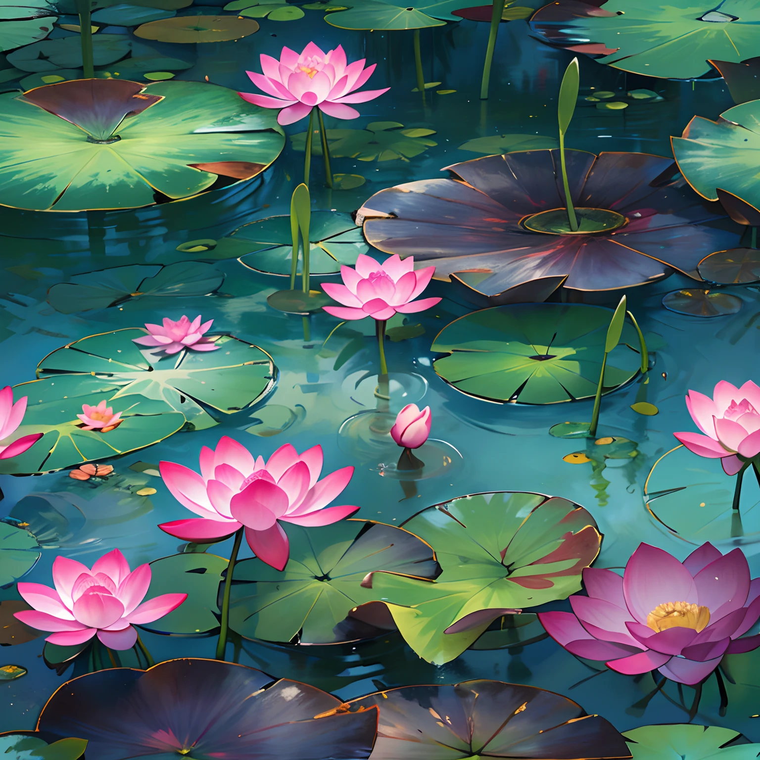 A serene lotus pond with a few pink lotus leaves floating on the water, but one of the leaves is unusually twisted and deformed, emitting a strange aura. The surroundings are lush trees and clear water, with sunlight streaming through the leaves, ,in the style of the stars art group xing xing, 32k, best quality, masterpiece, super detail, high details