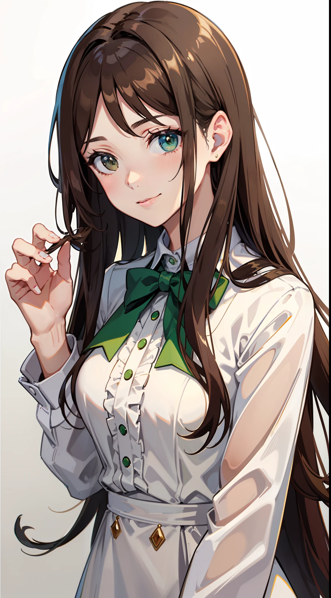 Adult woman, Long brown hair, Green eyes, White formal wear, pomade, Smile, Masterpiece, hiquality