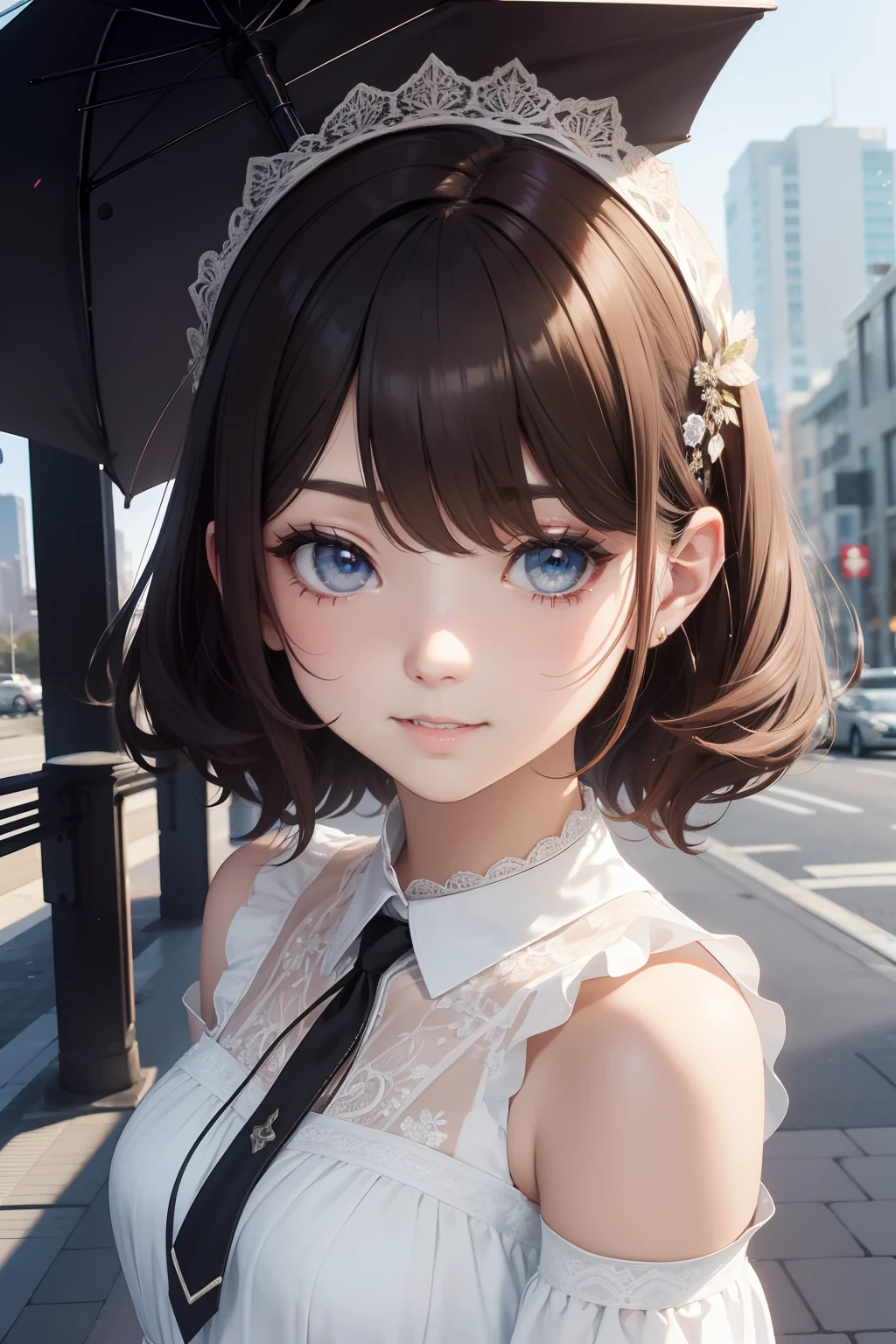 （tmasterpiece，best qualtiy，ultra - detailed，Best shadow），（detailedbackground，The upper part of the body，城市，chicago，pedestrian walkway，Doe eyes expression，face to the viewer，looking at viewert），（详细的脸，masculine features，nerds），hight contrast，（best illuminate），（（cinematric light）），Extremely colorful，Hyper-detailing，Dramaticlight，Complicated details，（1girll，独奏，Young person，brown  hair，eBlue eyes，Medium hair，messy  hair，shrugged shoulders\（The clothes ar\），Slim，white dresses，1920s），ssmile