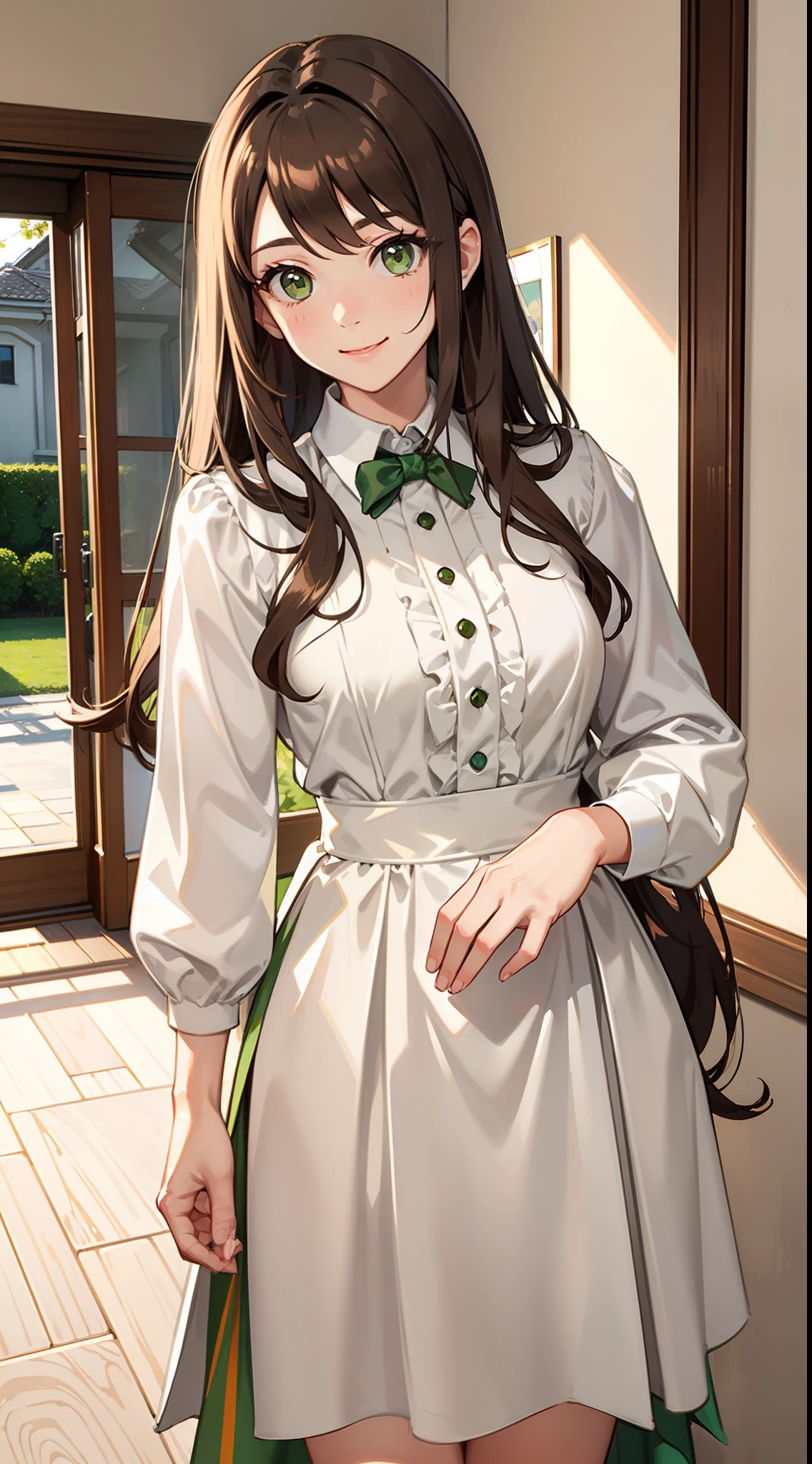 Adult woman, Long brown hair, Green eyes, White formal wear, pomade, Smile, Masterpiece, hiquality