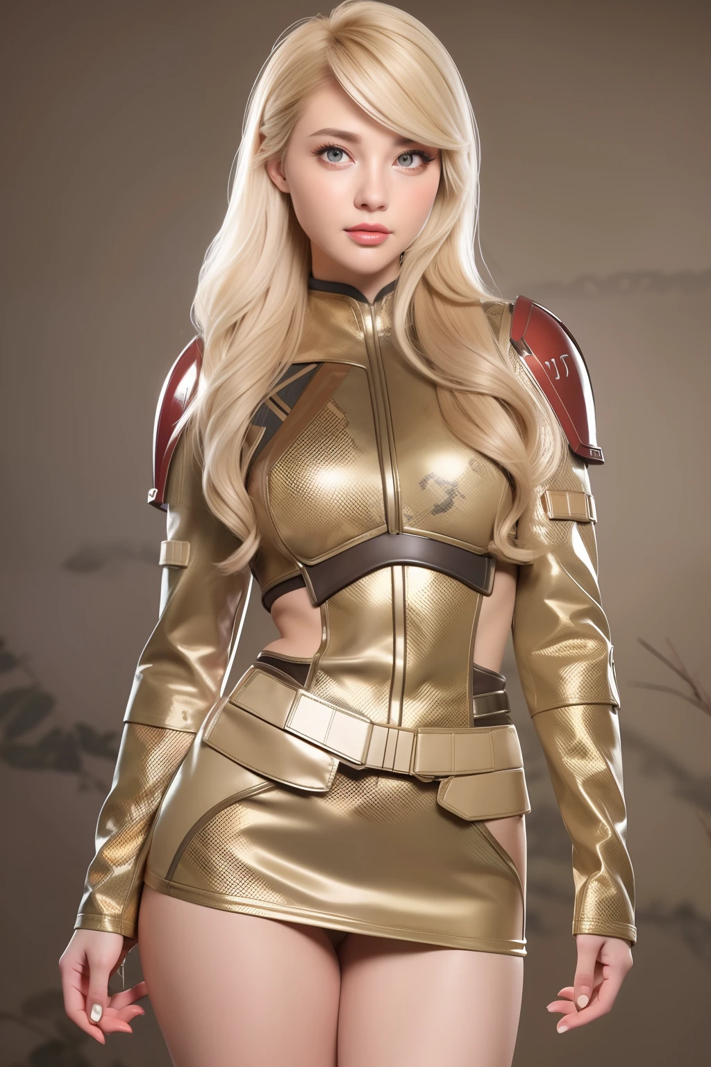 Beautiful Face Woman、a blond、Beige camouflage pattern background、 Beautuful Women、18year old、prety woman、hyper realistic photography、High-definition photos、red lipsticks、Mandalorian style miniskirt suit in metal armor、The skin is not very exposed、Do not cut your head off the screen、camo、Facing the front