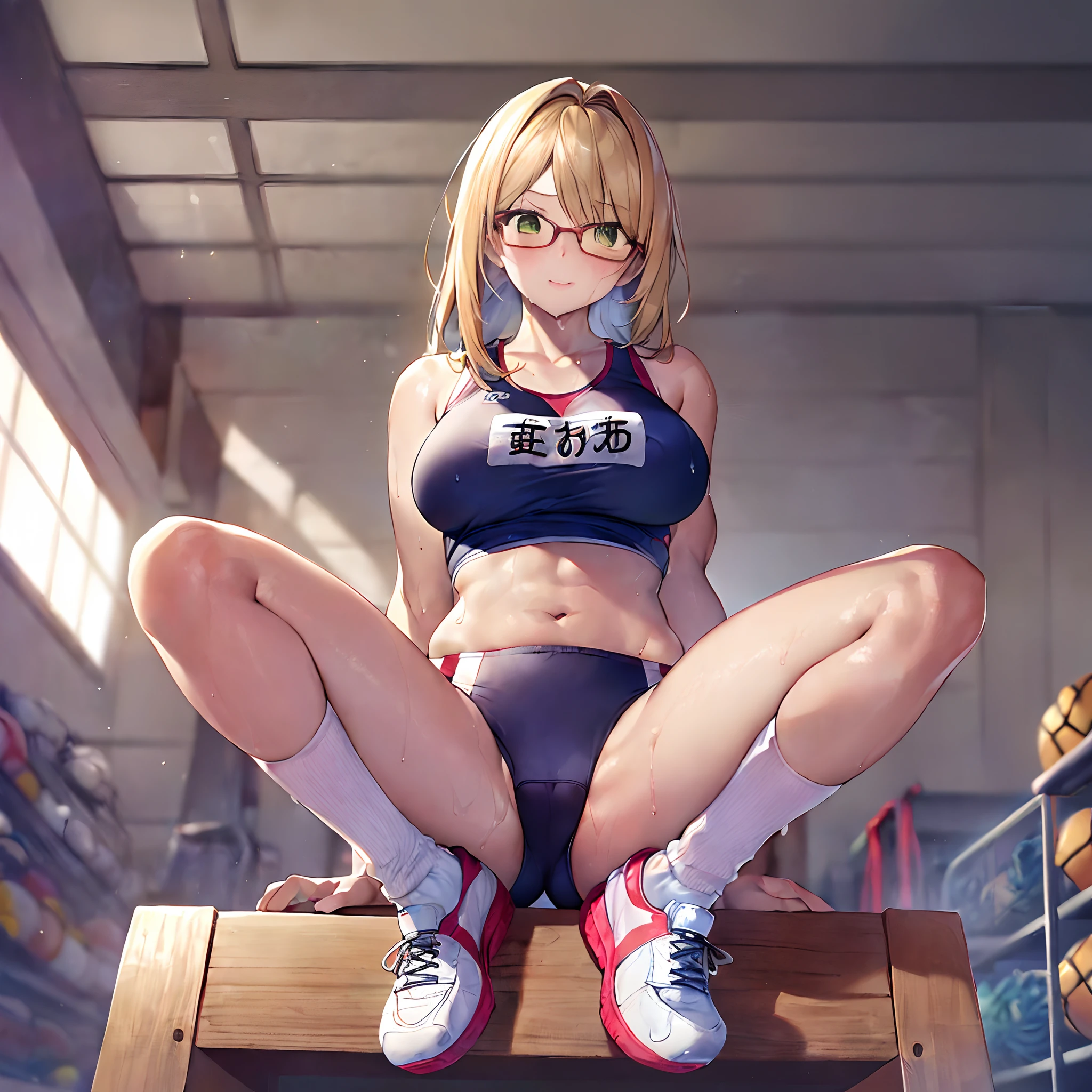 (This is a photo of a female track and field athlete in a sports warehouse:1.3),(Golden ratio:1.2),[(Black background:1.4)::10],(细腻细致), (Intricate details), (Cinematic light, 最优质的背光), 清晰的线条, From below, 独奏，perfect bodies，(1 girl:1.3),blonde hair,green eyes,(sunglasses(Glasses with square frames):1.2),(Tanned bronzed skin:1.3),An athlete full of healthy beauty,,The girl was sweating profusely,(drenched clothes(Succulent clothes:1.3)),(in track outfit(Crop topping):1.3),(//Yellowed white cotton socks:1.3)//,Take off your sneakers,(Sitting on a wooden horse in a sports warehouse(/Trojans are fitness equipment for gymnastic sports:1.3/)),gym storeroom,Novel illustration,hyper HD, retinas, Anatomically correct, Textured skin, Super detail, Best quality, A high resolution,8k movie wallpaper,Correct anatomy,