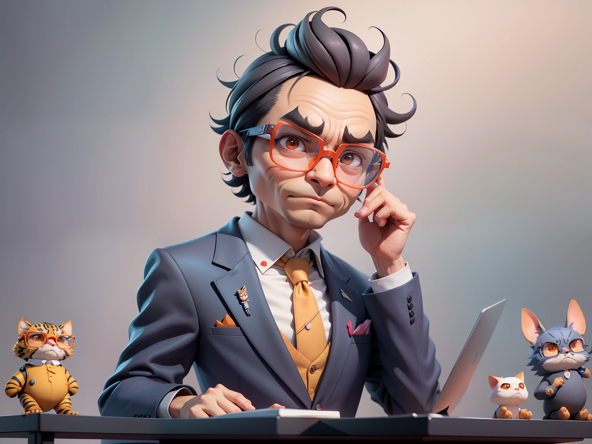 A young man in a suit, Short hair and glasses sat at his desk,holding laptop,digitial painting,tigre,3D character design by Mark Clairen and Pixar and Hayao Miyazaki and Akira Toriyama,4K HD illustration,Very detailed facial features and cartoon-style visuals。