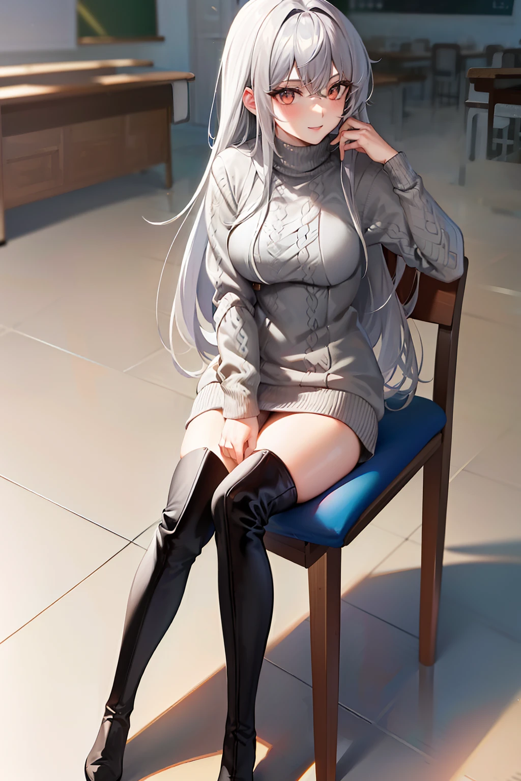 (tmasterpiece，high high quality，light grey sweater，stare，thigh boots，whaite hair，ssmile，sit on chair，Absolute realm，‎Classroom，Sitting，Crossed legs，low head，Leg details，Foot details，detail in face)