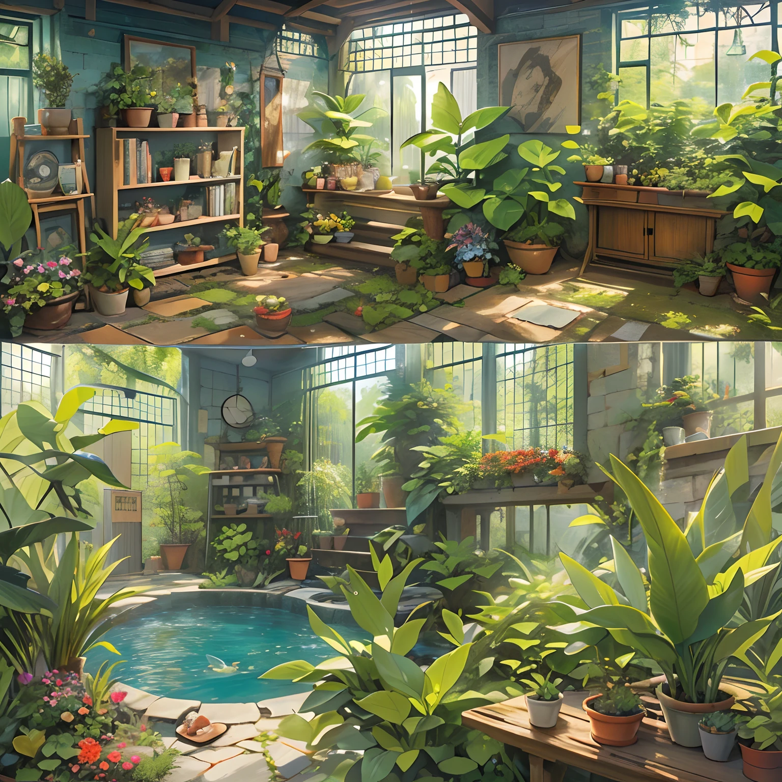A room filled with sunlight, with a pool in the middle filled with various aquatic plants, lush green leaves dripping with water droplets, gardening tools and fertilizers in the corner of the room, ,in the style of the stars art group xing xing, 32k, best quality, masterpiece, super detail, high details ,