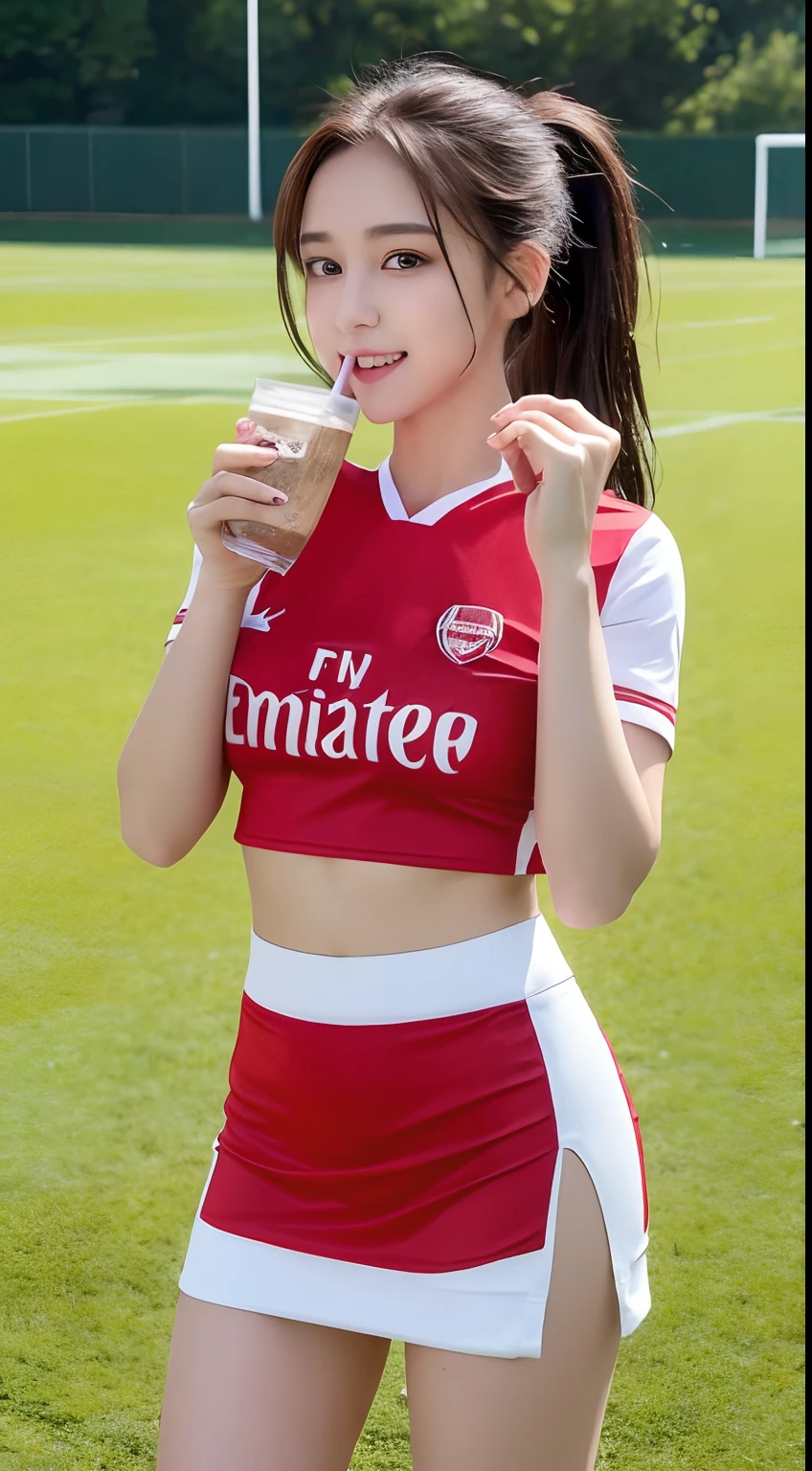 ((Best Quality, 8K, Masterpiece: 1.3)), 1girl, Slim Abs Beauty: 1.3, (Hairstyle Casual,Super Big Breasts: 2.5), Dress: 2.5, Super Fine Face, Delicate Eyes, Double Eyelids, Smile,Korean Girl,Age 17,Ponytail Brown Hair,Tight Wet Red Arsenal Shirt And Torn Wet White Mini Skirt Outfit,On The Football Field,And Playing Football,Kick The Ball And Goal,Girl Drinking Milk,(nsfw:1.5),NSFW,