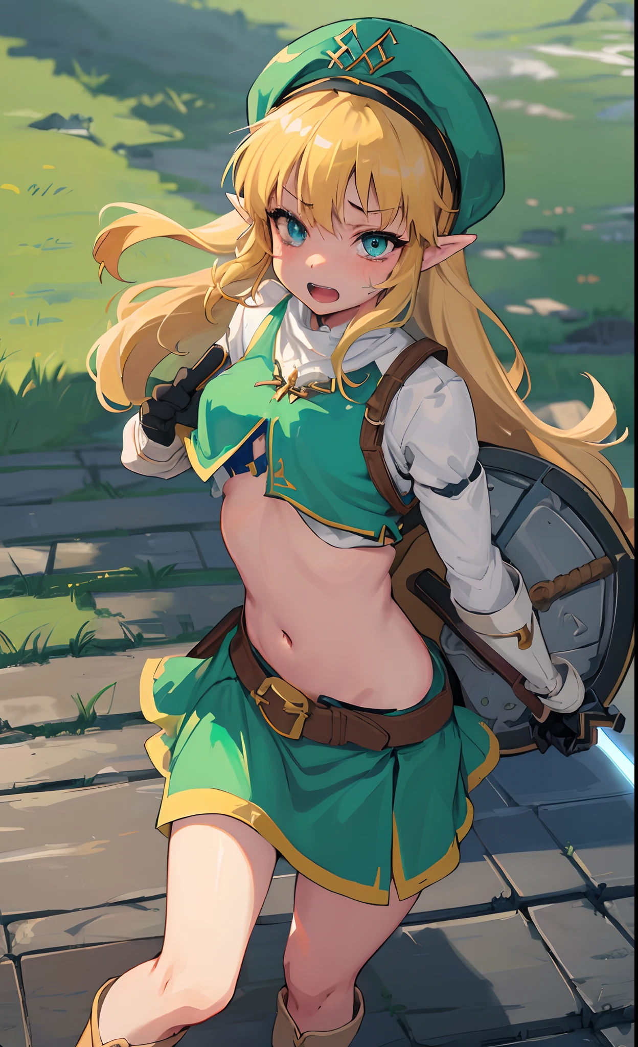 (The Legend of Zelda:linked)、Volume Lighting、Best Shadows、Portrait of an amazingly beautiful girl、Green clothes and hats、Green miniskirt、blondehair、White underwear above and below、Brown gloves and boots and belt、Eyes with eyes as beautiful as stars、open open mouth、Pull out double teeth、Beautiful medium milk、Separate Wear、Navel out、Slim waist、Vast Land、(top-quality、Superb Detail:1.25)、(独奏:1.3)、Brilliant Colorful Paintings、Weeping hair、Sword in right hand、shield in left hand、accessorized、Carrying a sword sheath on his back、Battle Scenes、poneyTail、The Legend of Zelda、zelda、linked、grass field、A sexy