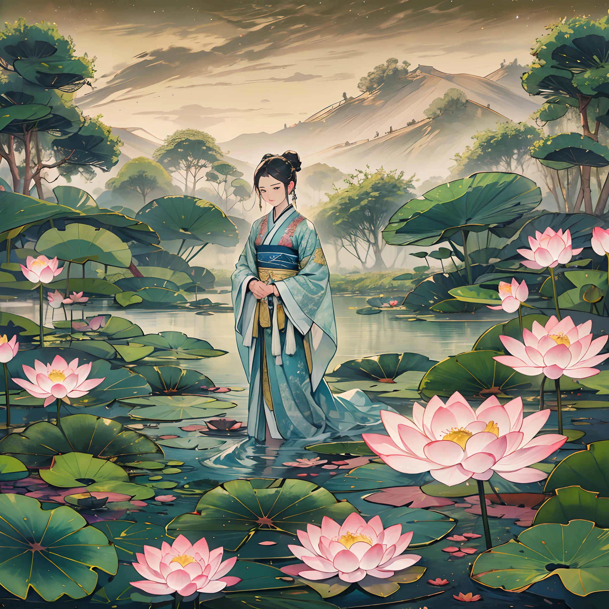 A mysterious and solemn scene with a person in ancient clothing holding a garment embroidered with lotus flowers by the lakeside, surrounded by tranquil water and lush lotus leaves, ,in the style of the stars art group xing xing, 32k, best quality, masterpiece, super detail, high details