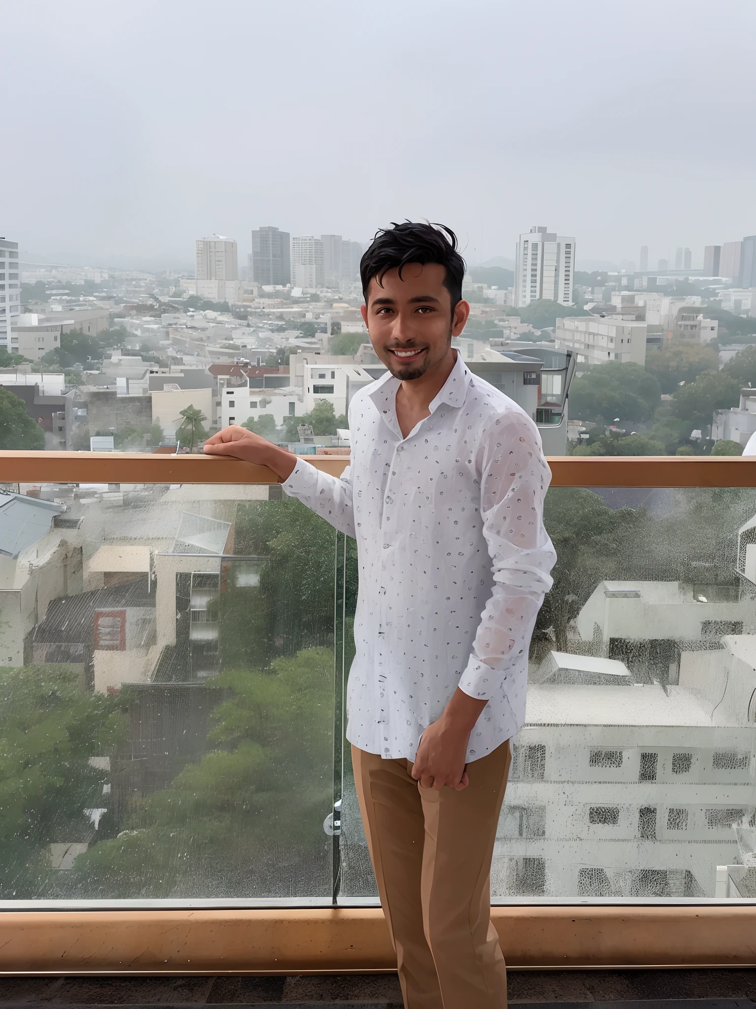 arafed man standing on a balcony with a city view, taken with sony a7r camera, at evening during rain, very very low quality picture, taken with sony alpha 9, inspired by Saurabh Jethani, photo taken with sony a7r camera, taken with a canon dslr camera, with a city in the background, taken with canon 8 0 d