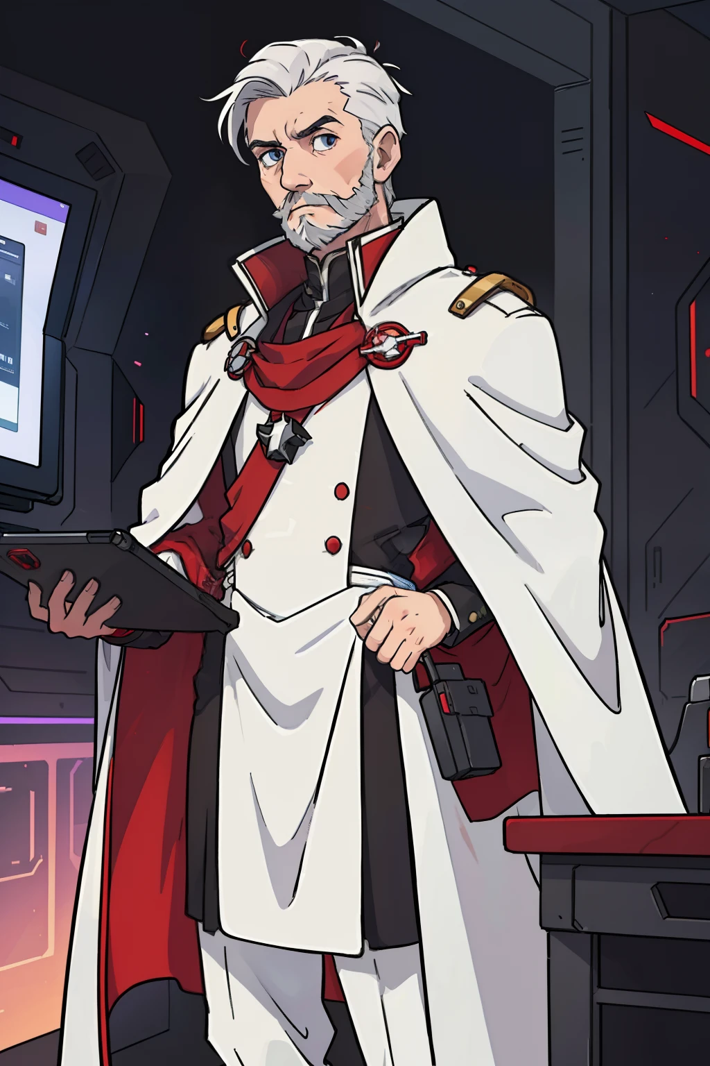 aristocratic, imperialistic stern, serious older man with fair skin, and white hair with a short beard - wearing a white and red sci-fi cyberpunk imperial uniform and with a cloak holding a futuristic tablet computer in one hand