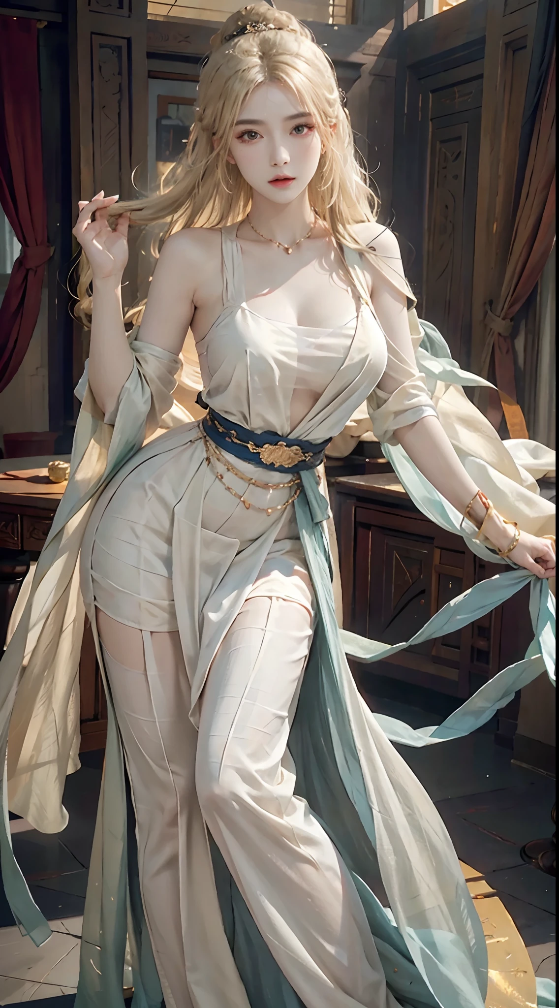 photorealistic, high resolution, 1women, solo, hips up, look at viewer, (detailed face), blonde hair, dunhuang_dress, tattoo, jewelry