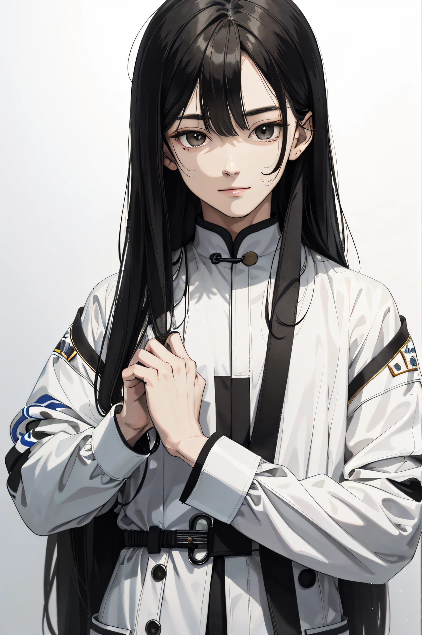 Absurd, High definition, Super detailed, Texture details, clear presentation, HD details, detail performance, Fine details, Clear face, Fix accurately, ((cabelos preto e longos))、long whitr hair、18-year-old man, Handsome, Tall,Soft smile、Slightly muscular,(Clear eyeballs), (1 person: 1.3), handpainted, Simple lines, (An 18-year-old man wearing a white Chinese suit), foggy forest、The upper part of the body,Exocet suit