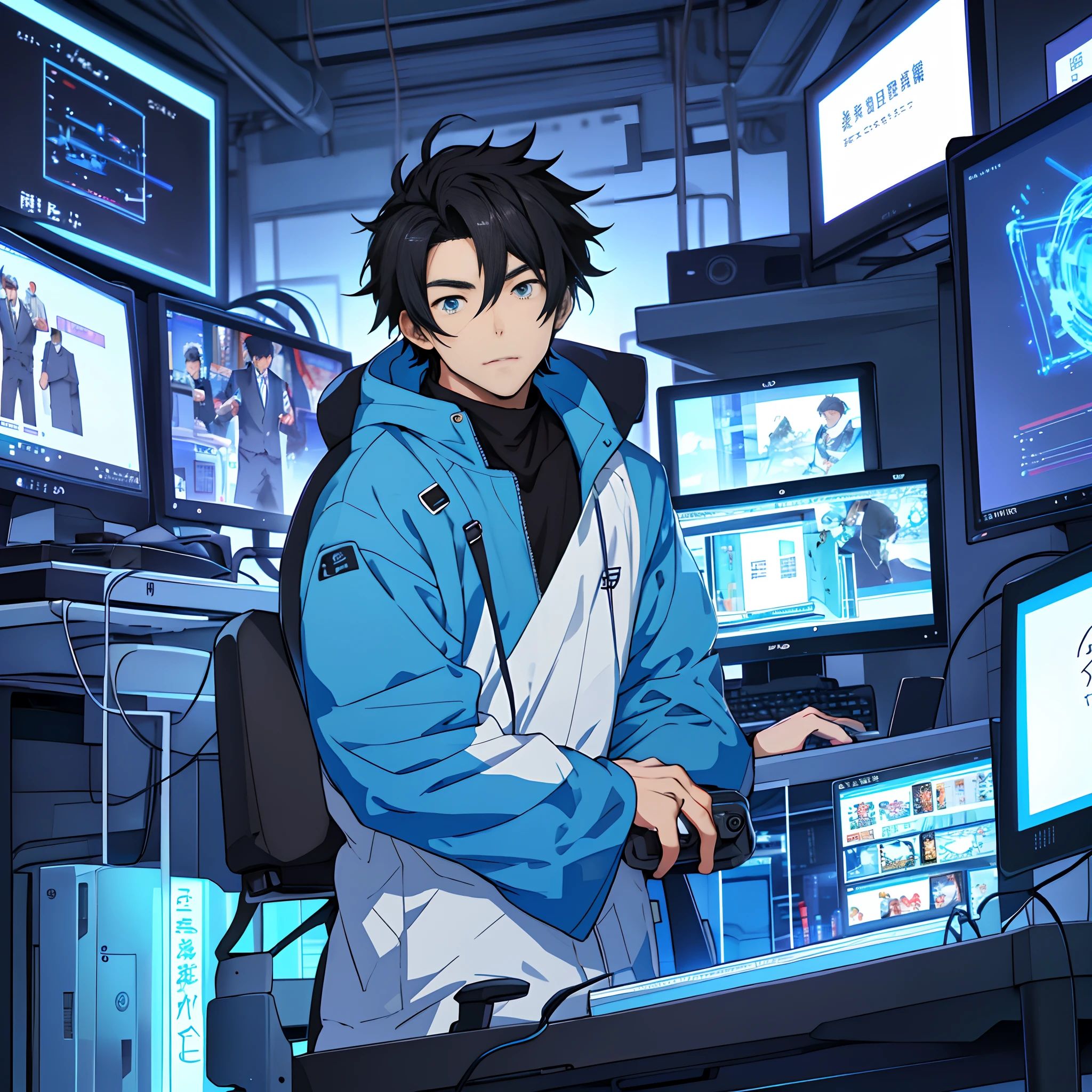best qualtiy:1.0),(超高分辨率:1.0),Anime boys,with short black hair,blue color eyes,Sit in front of the computer and play games,Background in the lab,