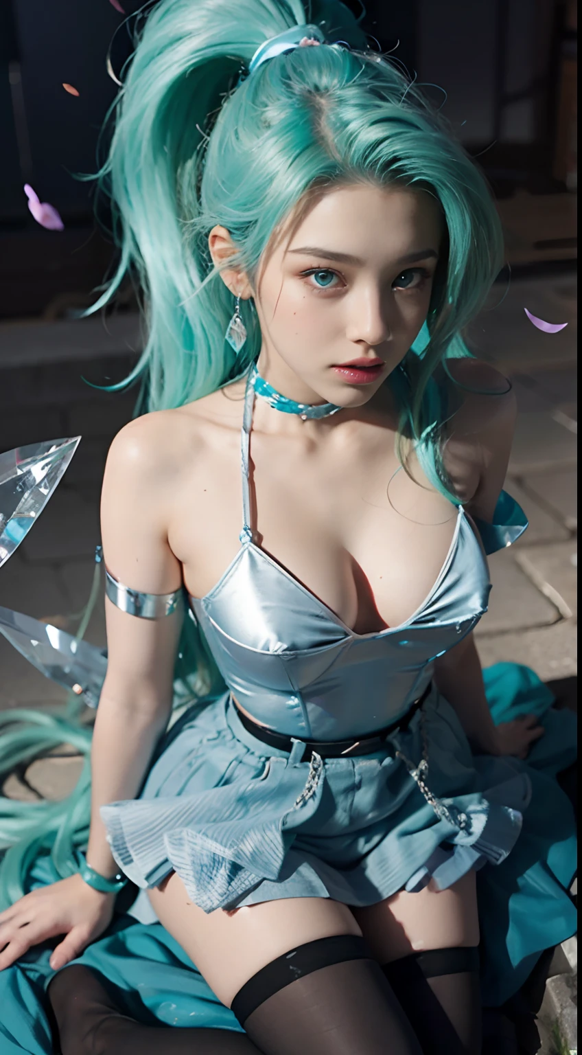 Sky, Field, Wheat, K/Da All Out Seraphine), League of Legends, K/Da \ (League of Legends), 1Girl, Solo, Aqua Green Hair, Gradient Hair, Blue Eyes, Lips, Long Hair, Long Ponytail, Ponytail, Earrings, Jewelry, Armbands, Bracelet, Ice Wings, Blue Dress, Layered Clothes, Black Skirt, One Shoulder Off-the-Shoulder, Cleavage, Stockings, Look to the Audience, Shoot from Above, Look at the Audience, Good-looking Chest, Cleavage, Black Stockings