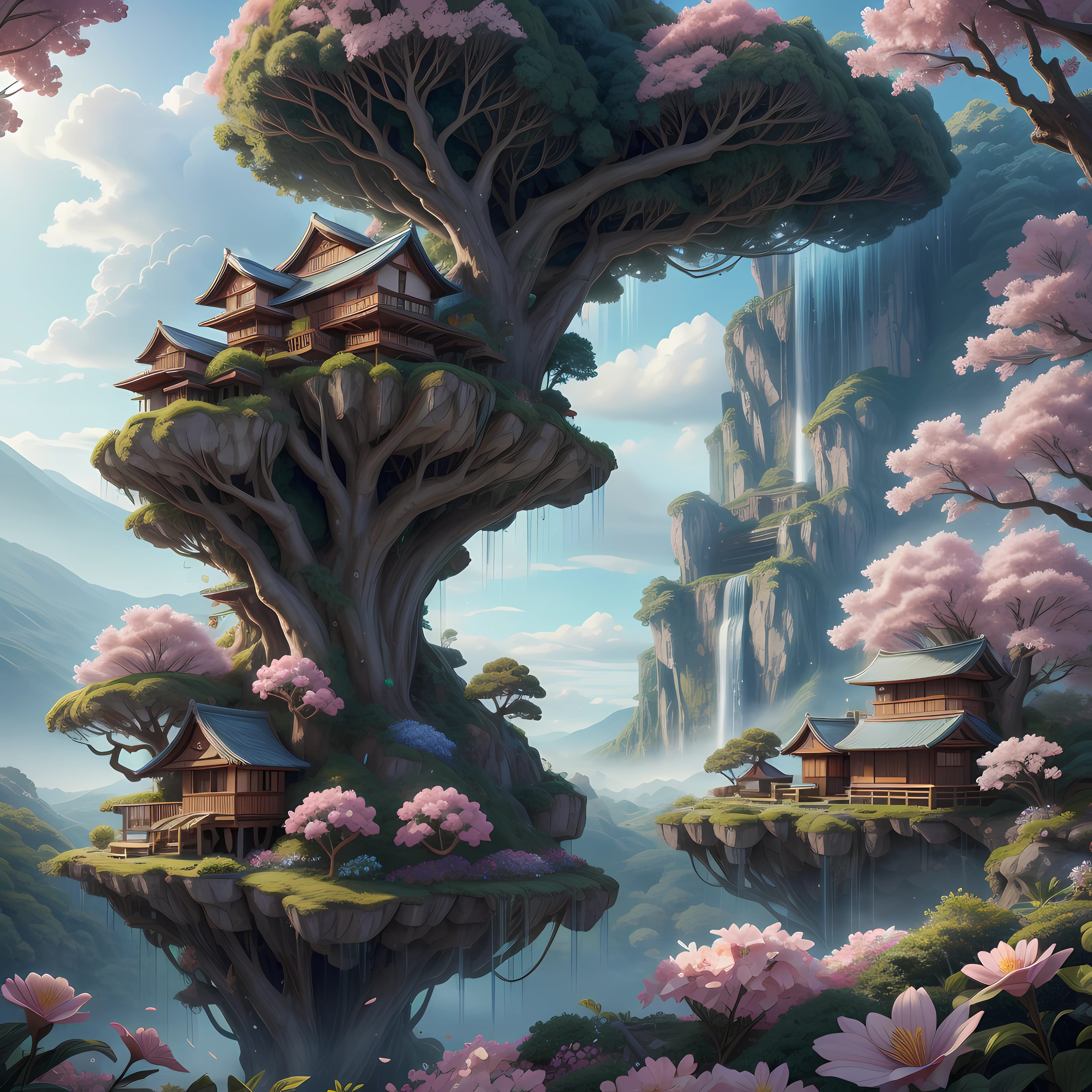 big fantasy waterfall, big rocks on waterfall, secret waterfall, trees full with flowers, sakura flowers, japanese, fantasy flowers, small houses on trees, tree houses, in a old fantasy village, small group of land floating in sky, white cloudy sky, mountains in far distance, beautiful, fantasy, high detailed, 8k, 8k, sun shadow, movie lightning, 8k, RAW photo, best quality, masterpiece, high detail RAW color photo, detailed face, high detailed, 16k, 16k, animals, trees,