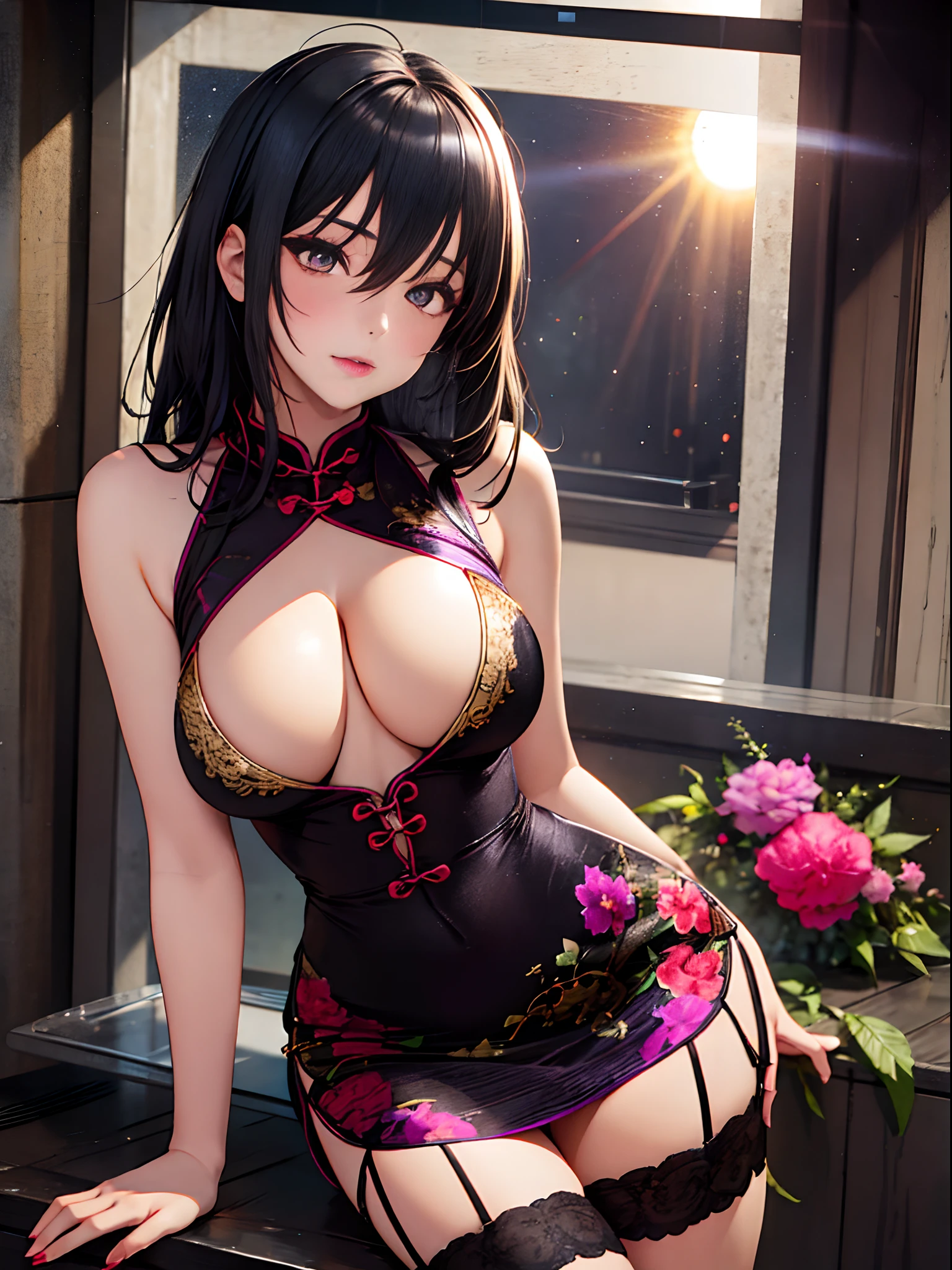 realisticlying,1girl,black color hair,Purple eye,glowing light eyes,Cut the top,a skirt,parted lip,Be red in the face,the night,fresh flowers,suns,rays of sunshine,Oversized J-cup cup big breasts,Wear a full-body cheongsam,