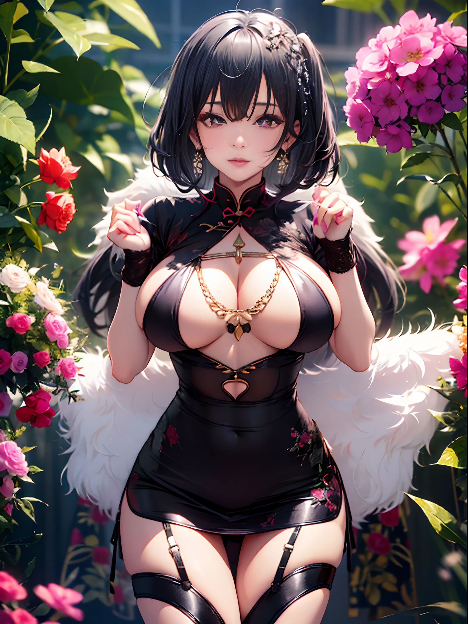 realisticlying，1girl，black color hair，Purple eye，glowing light eyes，Cut the top，a skirt，parted lip，Be red in the face，the night，fresh flowers，suns，rays of sunshine，Oversized J-cup cup big breasts，Wear a full-body cheongsam，