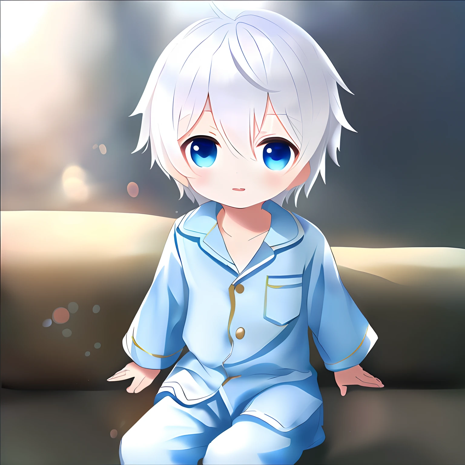 Cute little 7 year old boy，whaite hair，Blue eyes，Wearing small blue pajamas，Snowflakes everywhere around，Two-dimensional painting style，