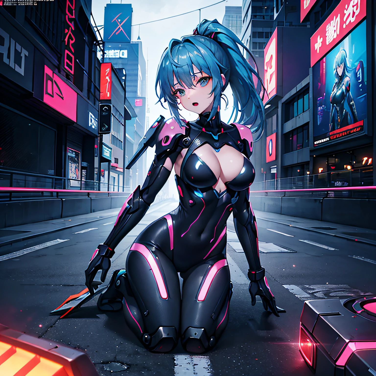 Images of erotic beautiful cyberpunk women,nffsw(HighDynamicRange),Ray traching,PBR Texturing,Anisotropy Filtering,depth of fields、tits out、Cyberpunk、cleavage of the breast、Beautifully shaped breasts、Beautiful raw boob shapes、Orange Mechanical Suit、Near Future Cyber Suit、Black Cybersuit、Orange erotic costume、highleg、Night Cyber City、Cyber City、Thin leg、Raw feet、Skin revealing、Riding a robot、Blue-haired、Blue hair ponytail、Open your mouth slightly、all-fours