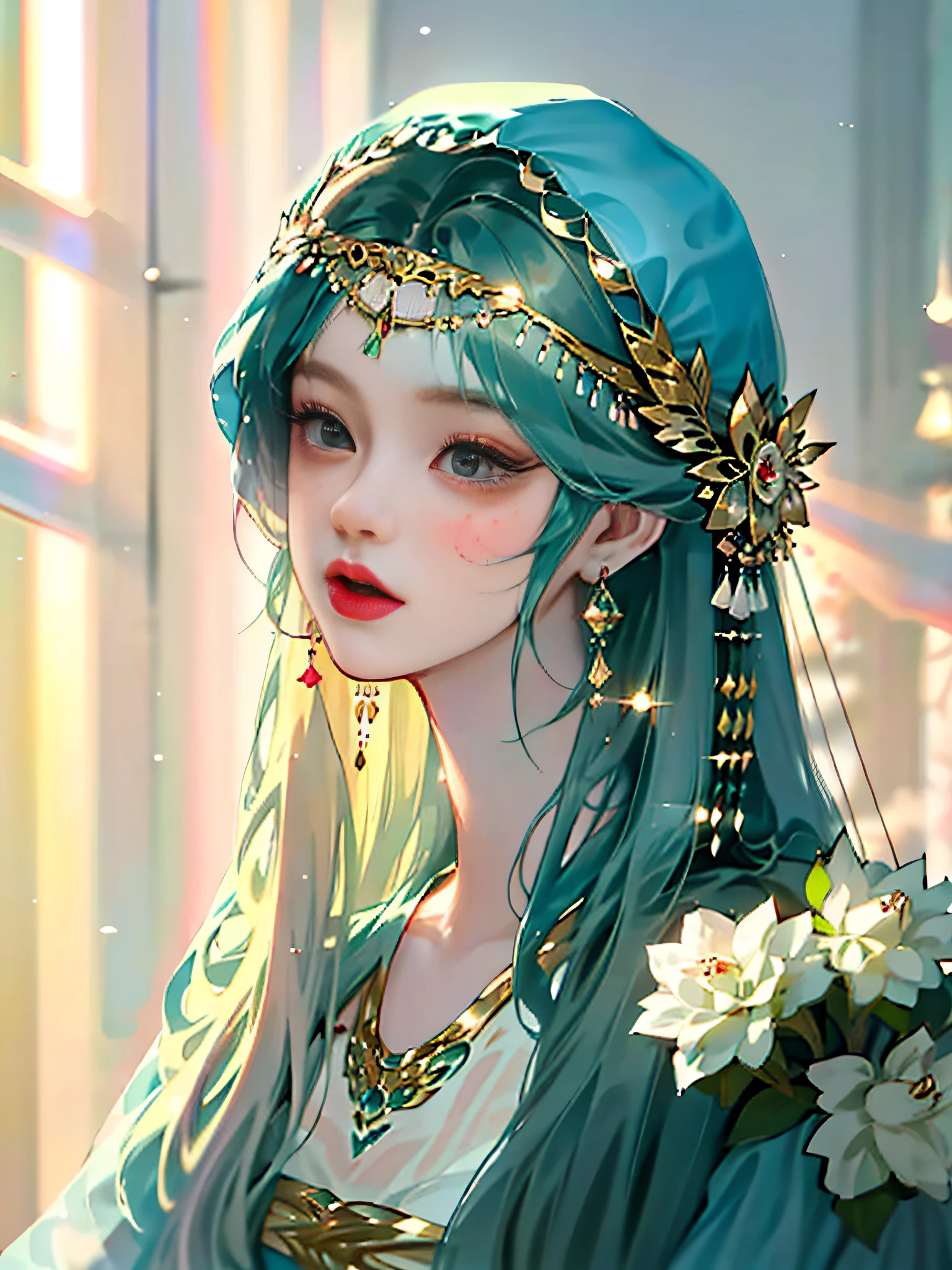 Long Light Hair,close to face,Chinese big eyes girl with lipstick on her lips, Realistic scene style, Light green and light maroon, Bouquet in hand,Wearing a veil,I can't believe how beautiful this is, pixar-style, pixar-style, pixar-style, pixar-style,Light white and light green, cartoon character
