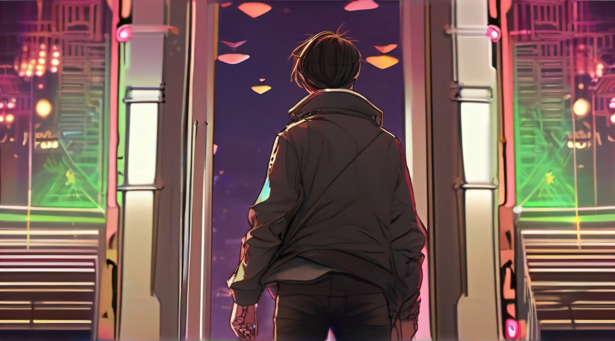 (absurderes,A high resolution,hyper-detailing,HDR),tmasterpiece,best qualtiy,1boy,独奏,handsome,dark brown hair,Fine eyes and detailed face,facing away from the audience,back to look back,The door that is about to open,CyberpunkAI,Summon the audience