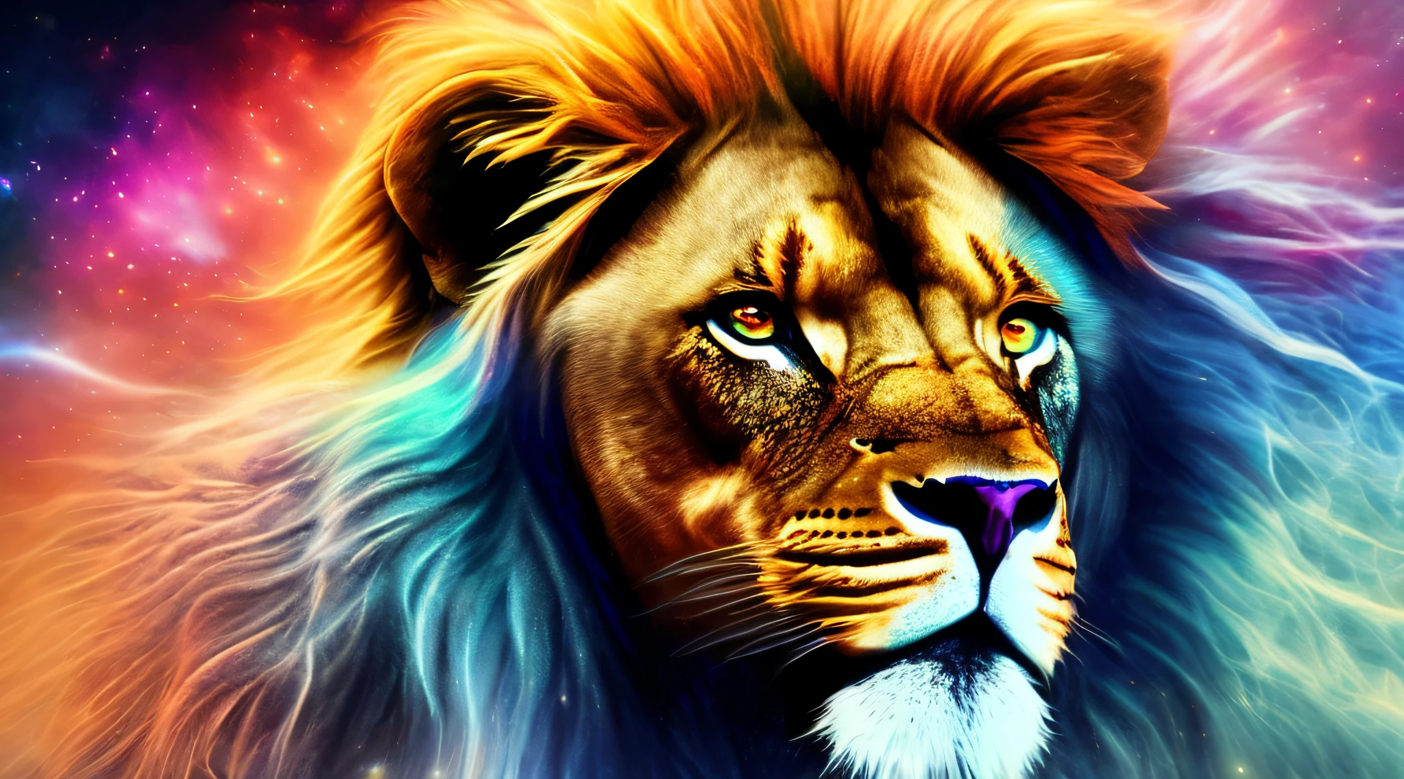 Galaxies, espirais, outer space, Nebulosas, estrelas, smoke billowing, iridescente, detalhe intrincado, in the form of a lion, octane rendering, 8k
