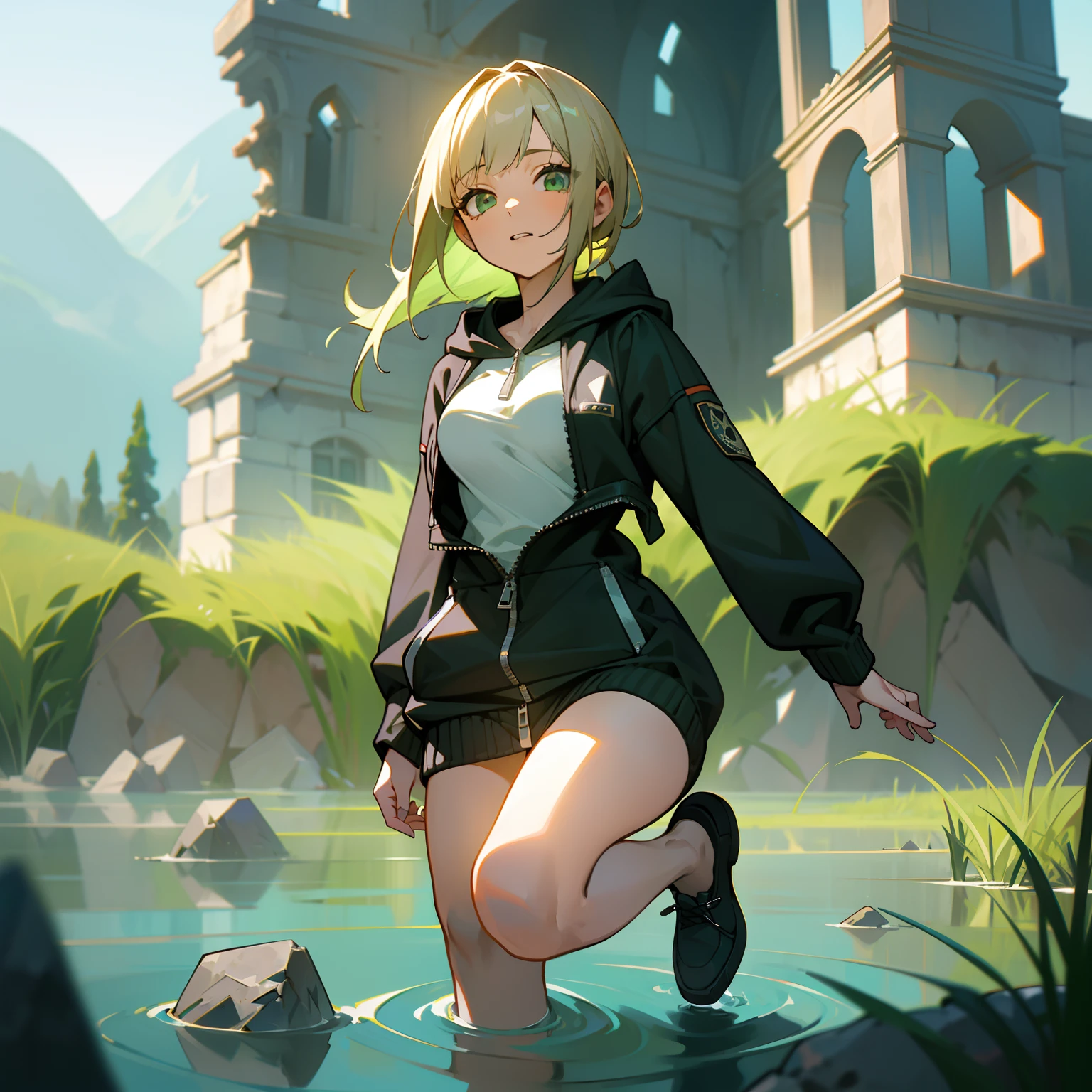 mksks style, (very detailed background:1.0), (highly detailed background:1.0), 1girl, full_body, looking_at_viewer, hoodie, partially_unzipped, masterpiece, best quality, (1girl, solo, girl:1.2), lake, grass, walking on water, jumping, stone ruins, chromatic aberration, depth of field, soft lighting