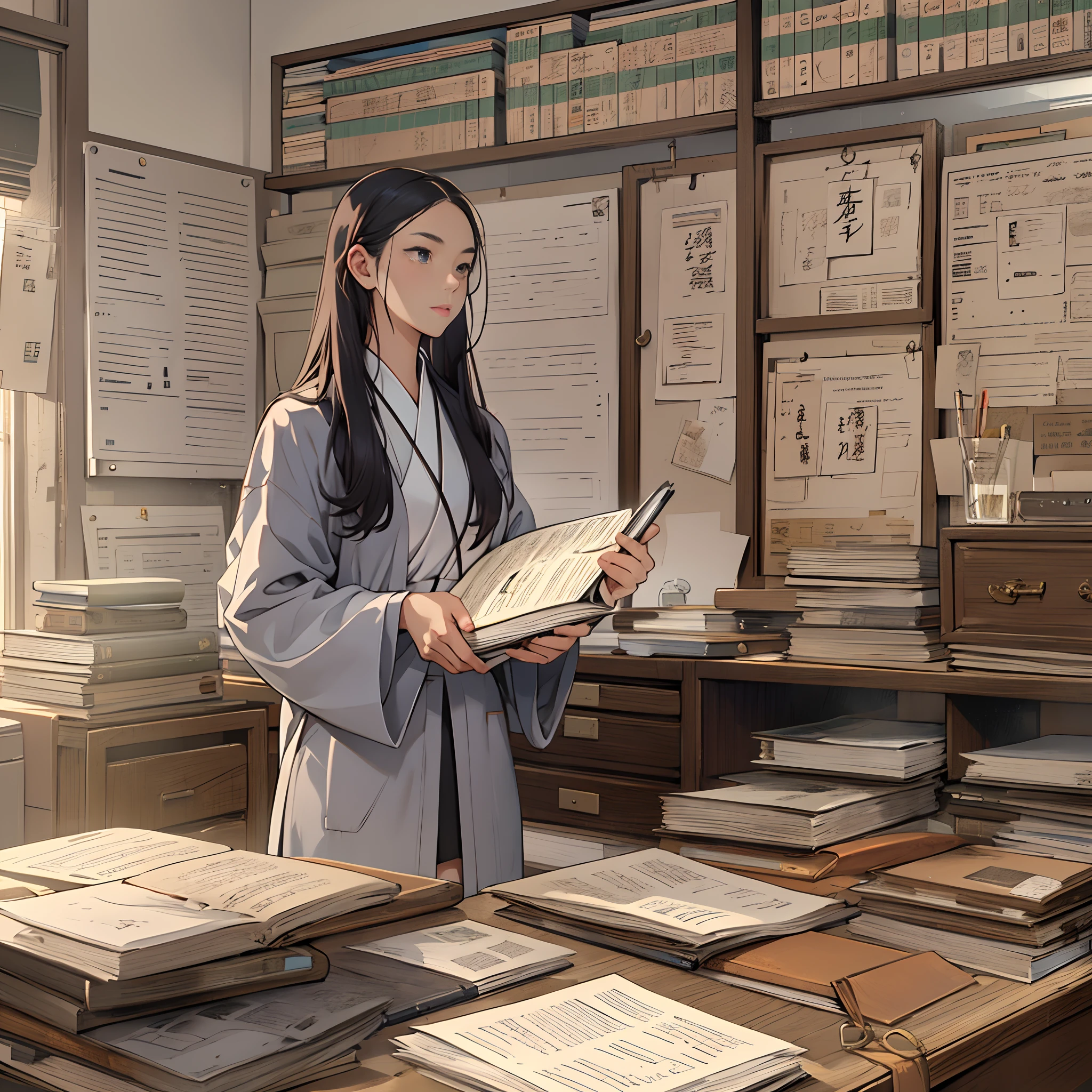 A young female Taoist stood in front of a desk, holding a thick case file in her hand. Various materials and folders were placed on the desk, surrounded by a spacious and bright office.