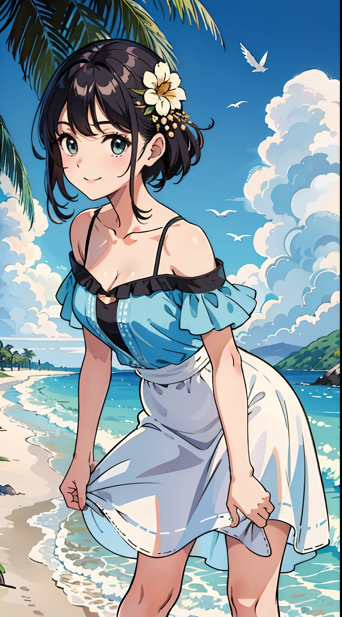 (Best quality, Masterpiece),  1girll, 10years old, Amazing, adolable, A heartwarming smile, Hourglass figure, Floral skirt, the sea，sandbeach，Slip dress，the trees，blue-sky，baiyun，seagulls，cleavage，Off-the-shoulder attire，Raised sexy，Close-up shot