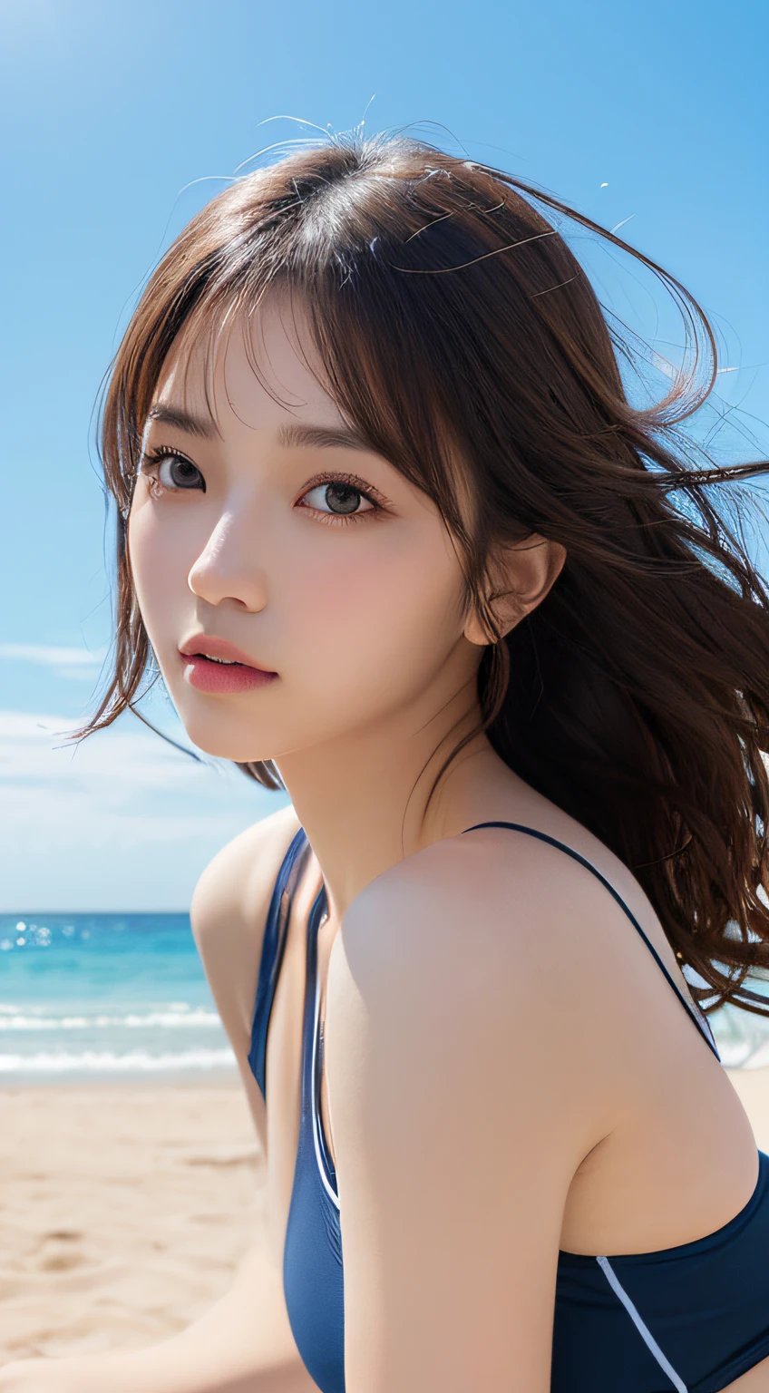 masutepiece, Best Quality, Illustration, Ultra-detailed, finely detail, hight resolution, 8K Wallpaper, Perfect dynamic composition, Beautiful detailed eyes, swimsuit, Natural Color Lip,beach