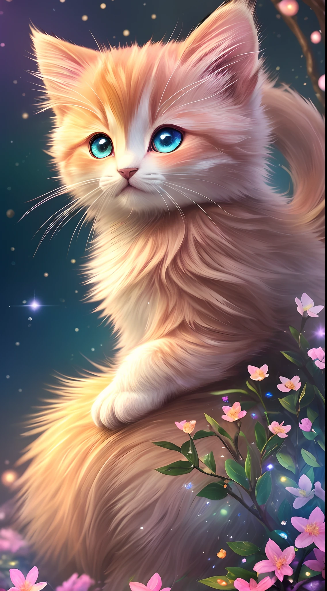 side view, oversaturate, colorfully, Fairytale, dreamlike, Cinematic character render, oil painting, 3D, 8k resolution, sequins, glitter, sakura forest, moonlight, Close up Portrait adorable chibi kawaii anthropomorphic kitten king, Detailed eyes, large round reflective eyes,