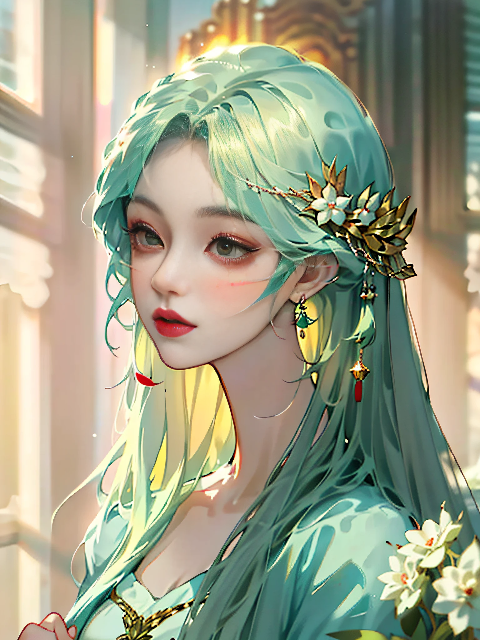 Long Light Hair，close to face，Chinese big eyes girl with lipstick on her lips, Realistic scene style, Light green and light maroon, Bouquet in hand，Wearing a veil，I can't believe how beautiful this is, pixar-style,  pixar-style, pixar-style, pixar-style,Light white and light green, cartoon character