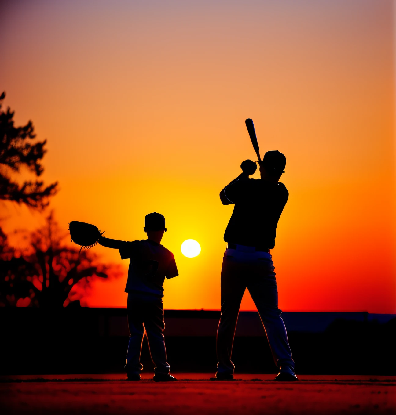 Father and son play baseball，Faraway view，sunset backdrop