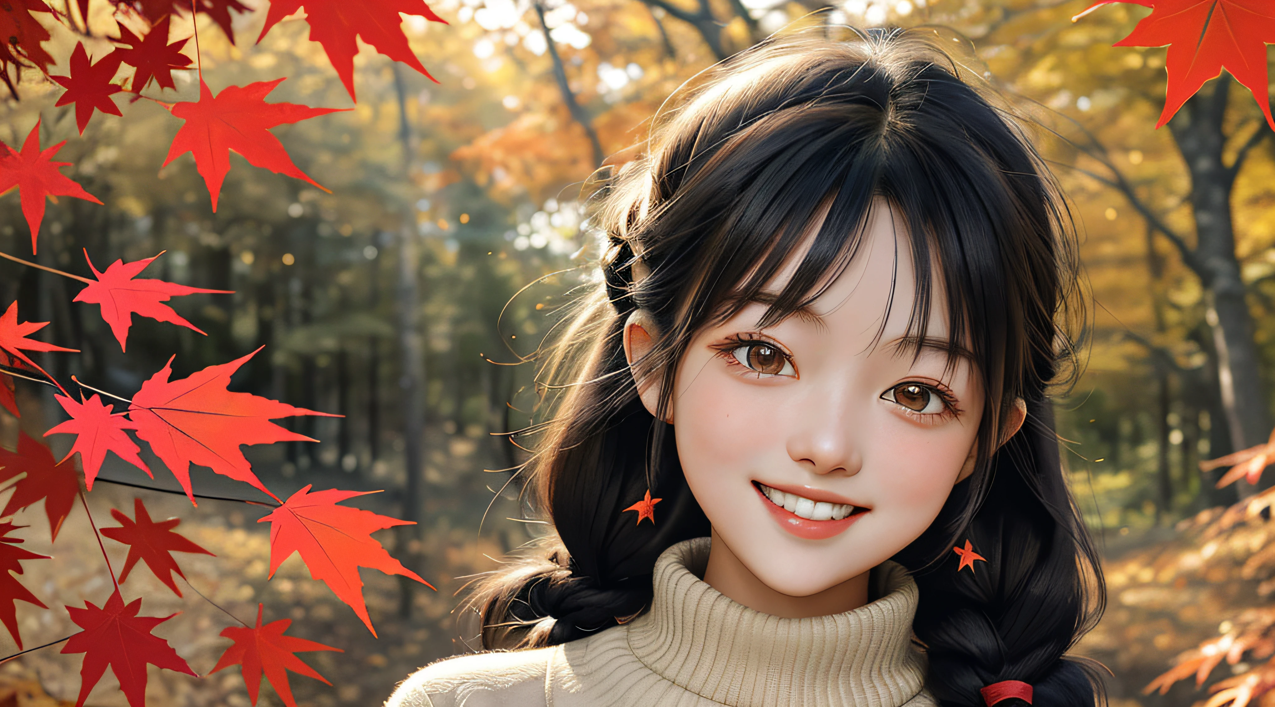 Autumn daylight,The sky is blue,Sunlight shines on the earth through the red maple leaves。The warm sun shines on a beautiful autumn foliage forest,It gave the whole scene a bright glow。On this beautiful autumn day,There is a cute and sweet girl who is eighteen-year-,She has long black hair,Qi bangs and double braids make her look more playful and cute。The girl wears a lilac sweater and jeans,Comes with a red headband,Show her youthful and energetic side。
In the corner of the autumn foliage forest with red maple leaves,She stood quietly among the autumn leaves,Maple leaves gently fall with the breeze。Her thick eyebrows and big eyes revealed a hint of shyness,slight blush on cheeks。The girl smiled and looked at the audience,Her smile is gentle and sweet,It's as warm as the sun。She places her hands naturally at her sides,Show her confidence and beauty。
Her smile revealed a glow of happiness,Like a bright star。Flawless teeth shine in a smile,Exudes a white glow。On this beautiful autumn day,She became the brightest presence in the entire scene。The youthful vitality and innocence exuding from her make people fall for it,It is as if I have seen the infinite beauty of autumn。