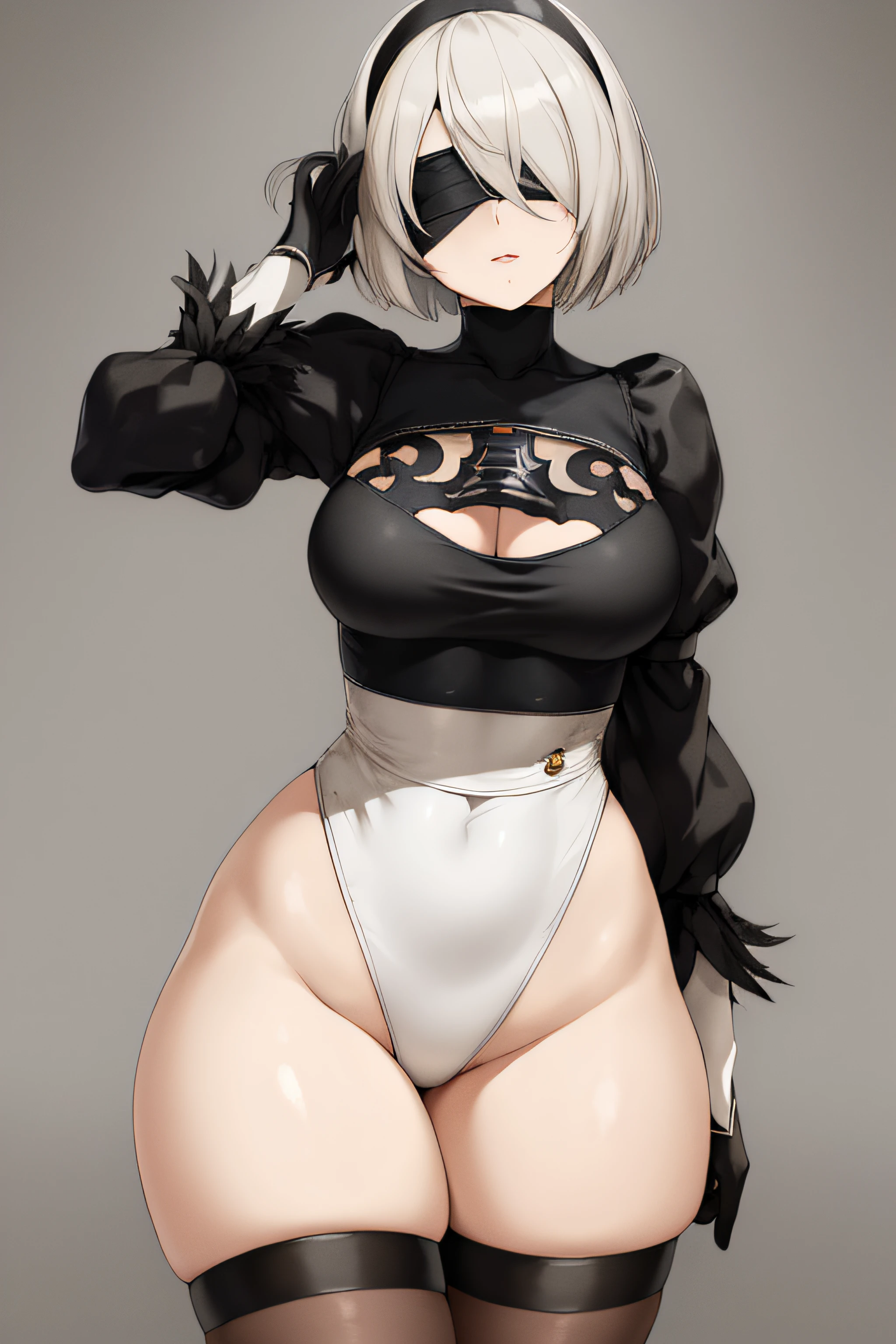 masterpiece, best_quality, 1girl, solo, yorha no. 2 type b, black blindfold, blindfold, wide hips, thick thighs,