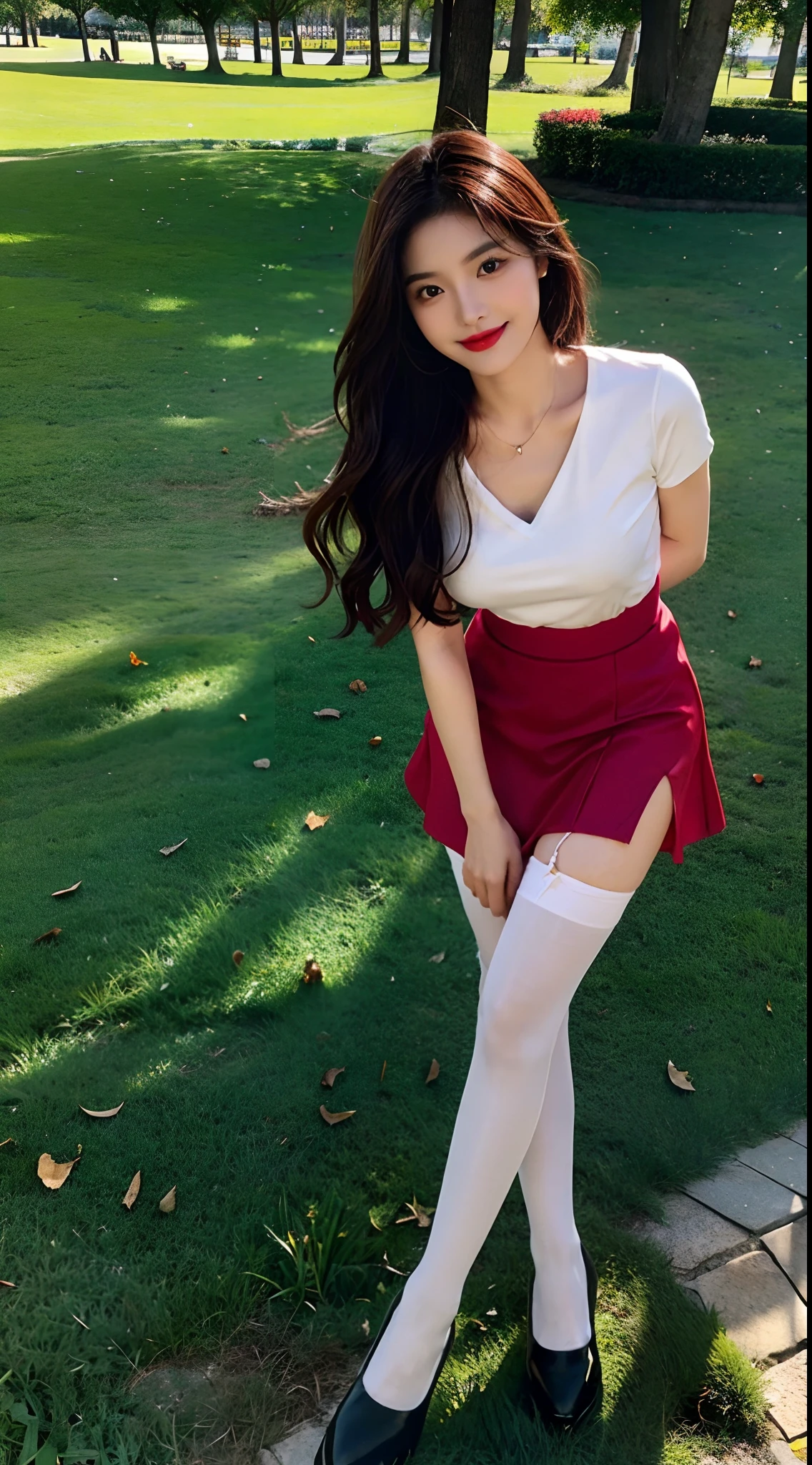 tmasterpiece， best qualtiy，1girll，Star face，Long legs，ssmile, fully body photo，Fair and smooth skin, The eyes are bright and alert,Semi-curved eyebrows, Swallow red lip gloss, short and wavy hair，（shift dresses，Gauze skirt，The clothes are fluttering，Colorful sexy stockings，high-heels，standing on your feet: 1.2），Big chest，parks，grassy fields